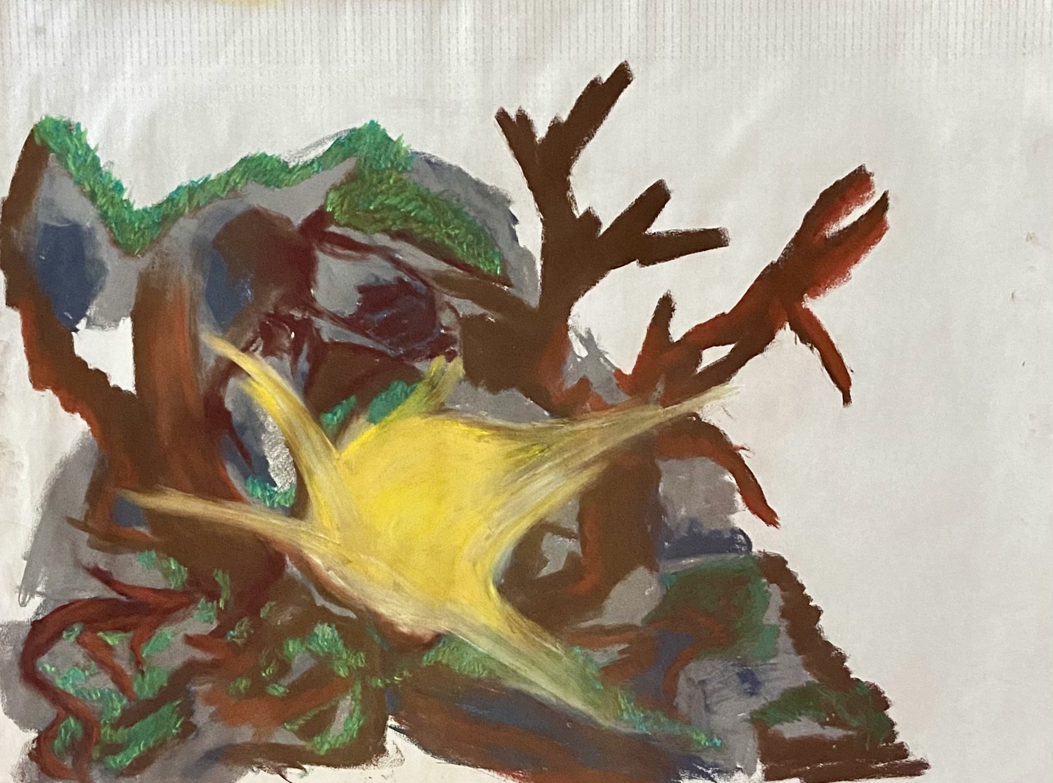 Ein Kinderbild, das einen bunten, abstrakten Baum mit grünen Blättern, braunem Stamm und gelber Sonne zeigt.