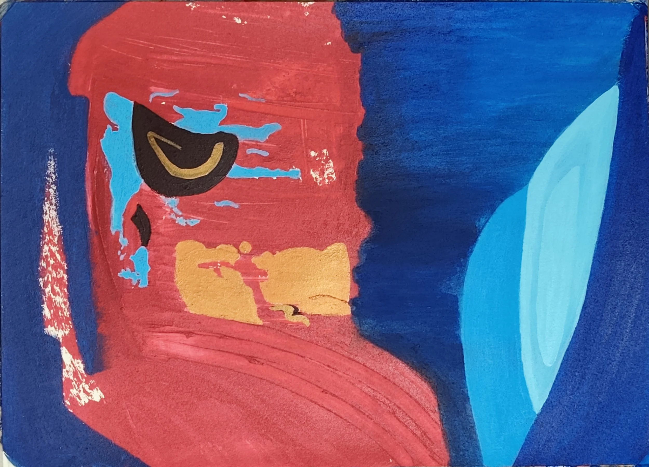 Abstraktes Gemälde mit vorherrschenden Farben Rot, Blau, Schwarz und Hellblau, bestehend aus geometrischen und fließenden Formen.