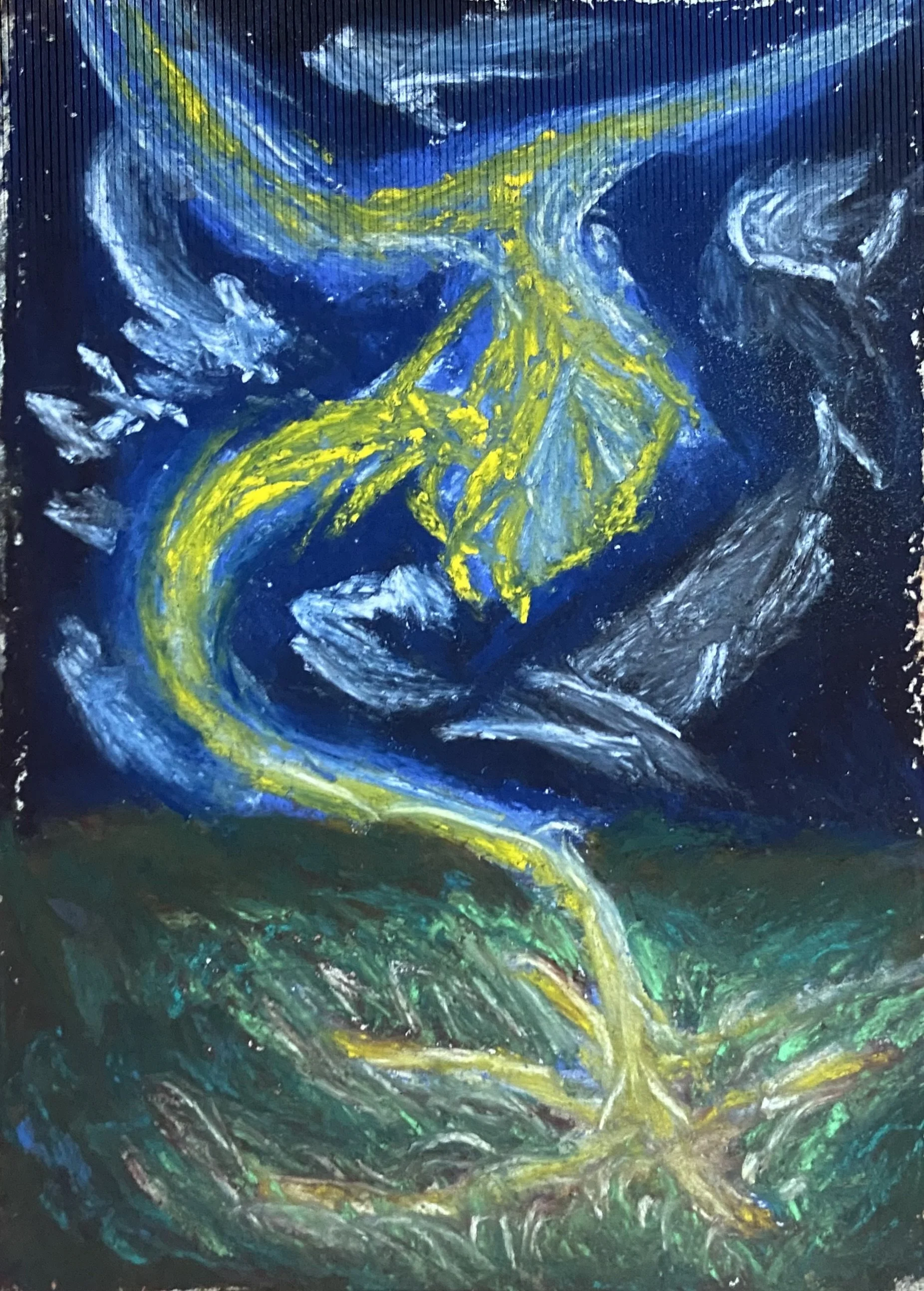 Abstraktes Gemälde mit spiralförmigen Mustern in Blau, Gelb, Grün und Weiß auf schwarzem Hintergrund.