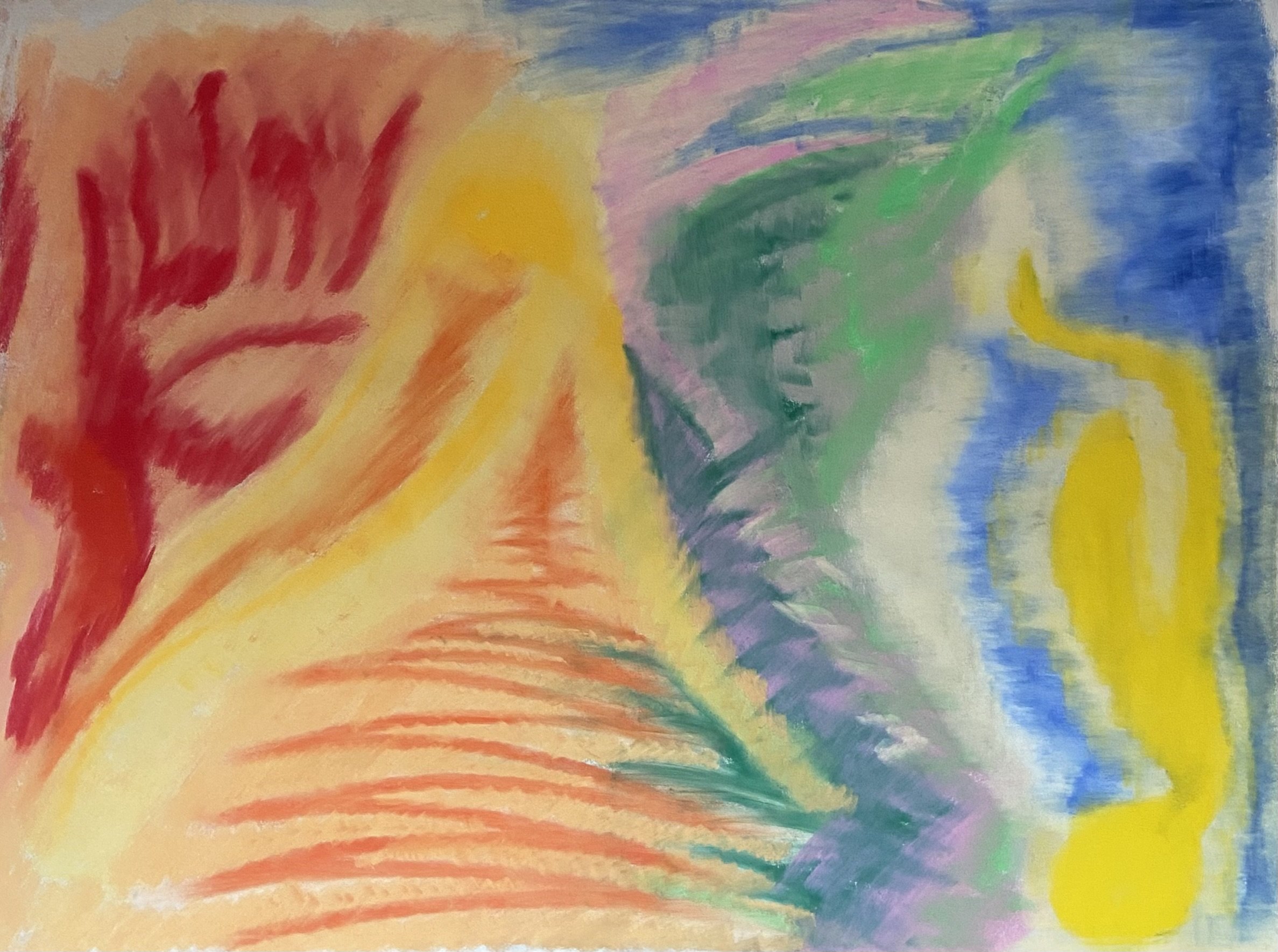 Ein abstraktes Aquarellbild mit bunten, wechselnden Farbverläufen in Rot, Gelb, Grün, Blau und Lila.