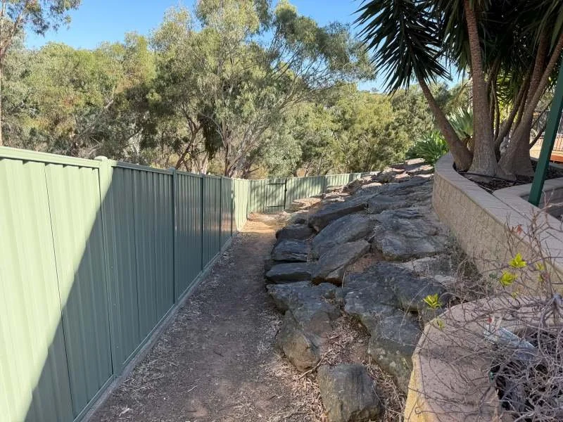 Outdoor pathway with a green metal fence on the left, large rocks on the right, trees in the background, and plants along the edge.