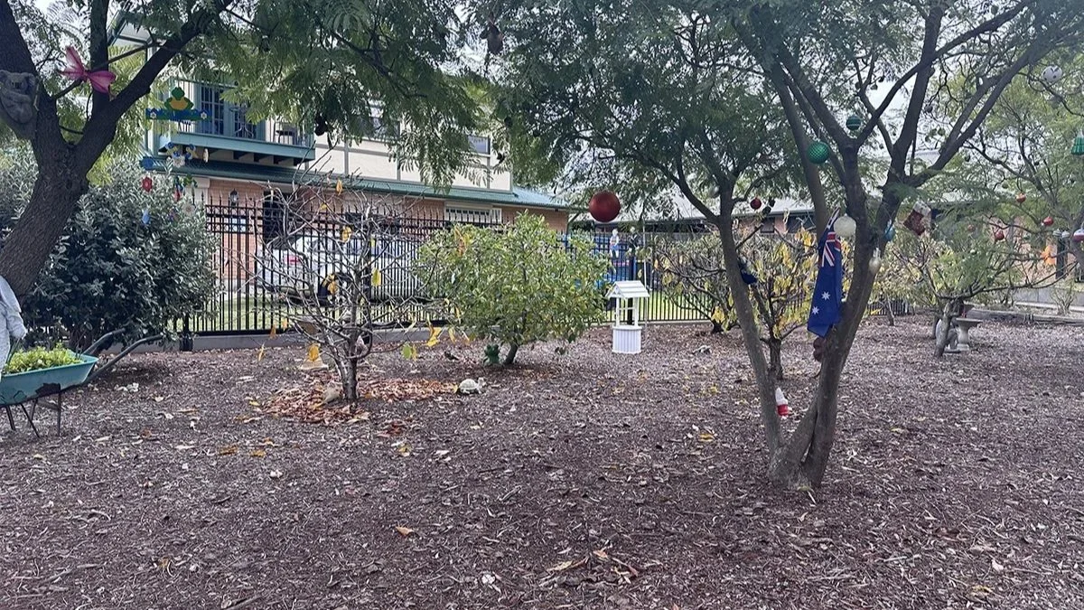 A backyard garden with tubular fence and  trees decorated with colorful ornaments and Christmas decorations, including a small Australian flag hanging from one tree.