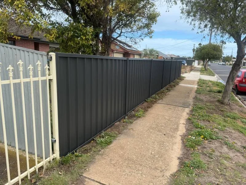 Sidewalk next to a newly installed black metal privacy fence, with a cream-colored decorative gate on the left and residential houses in the background. Trees line the street, and a red car is parked on the right.