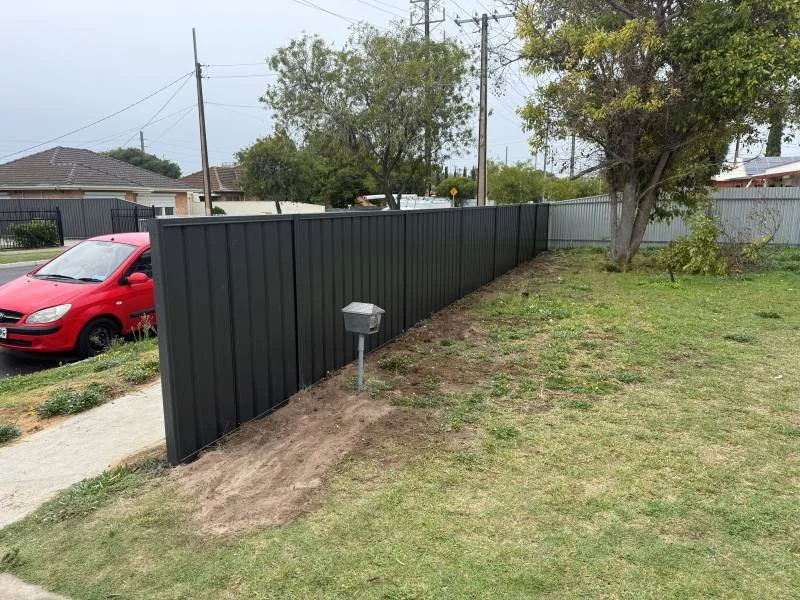 A backyard with a new dark gray fence on the left side and a white privacy fence on the right, with a tree and some houses in the background, and a red car parked on the street.
