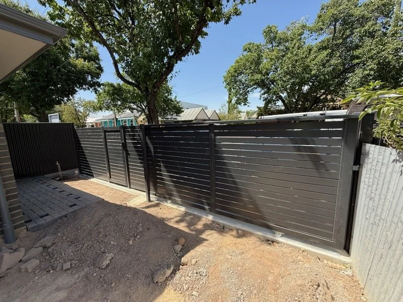 Horizontal slats sliding gate plus pedestrian gate color monument