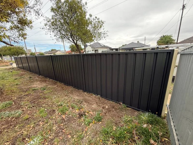 Black metal fence along a backyard with dirt and patches of grass, in a residential neighborhood with trees and houses in the background.
