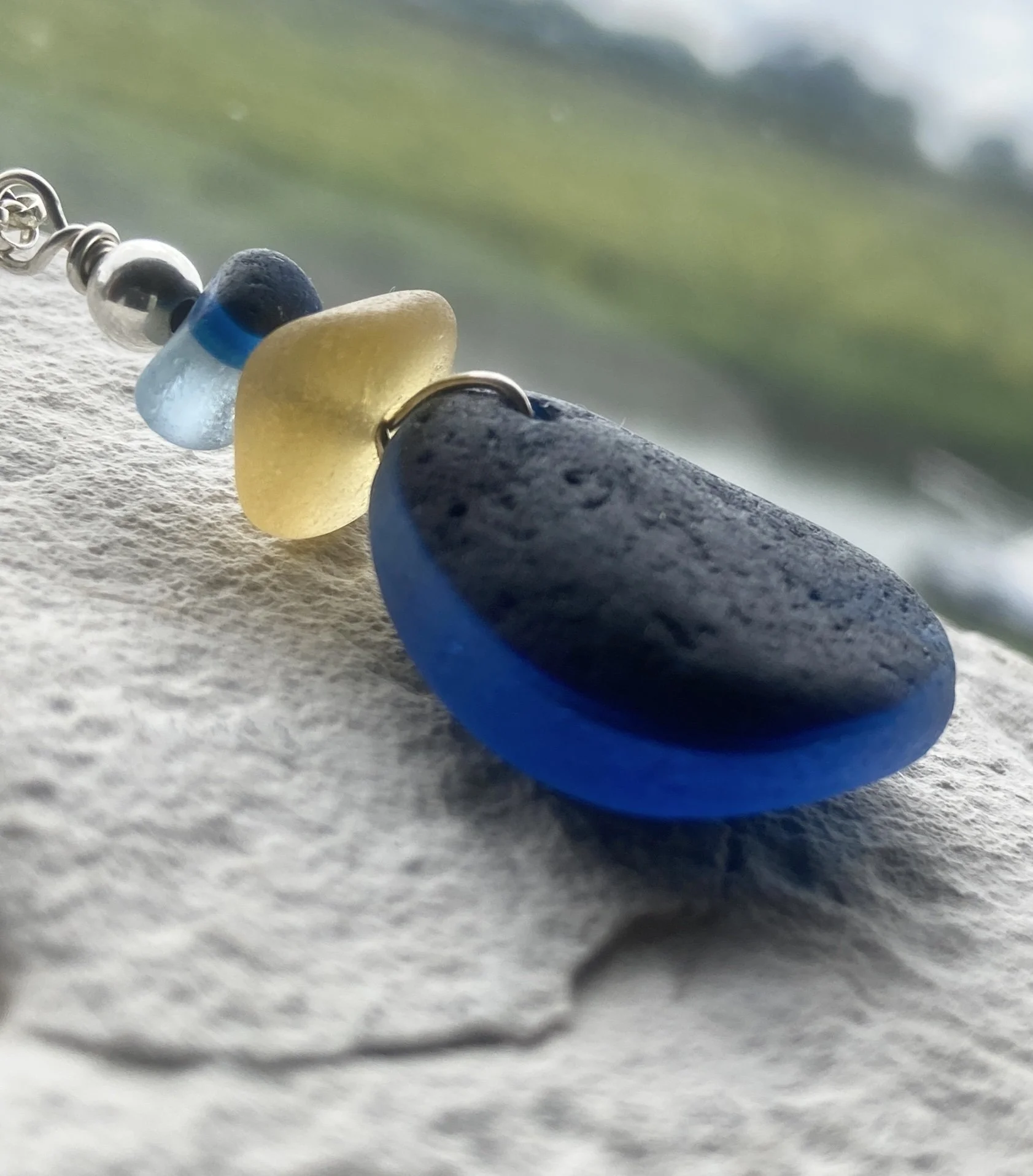 Chunky Blue and Yellow Sea Glass Necklace