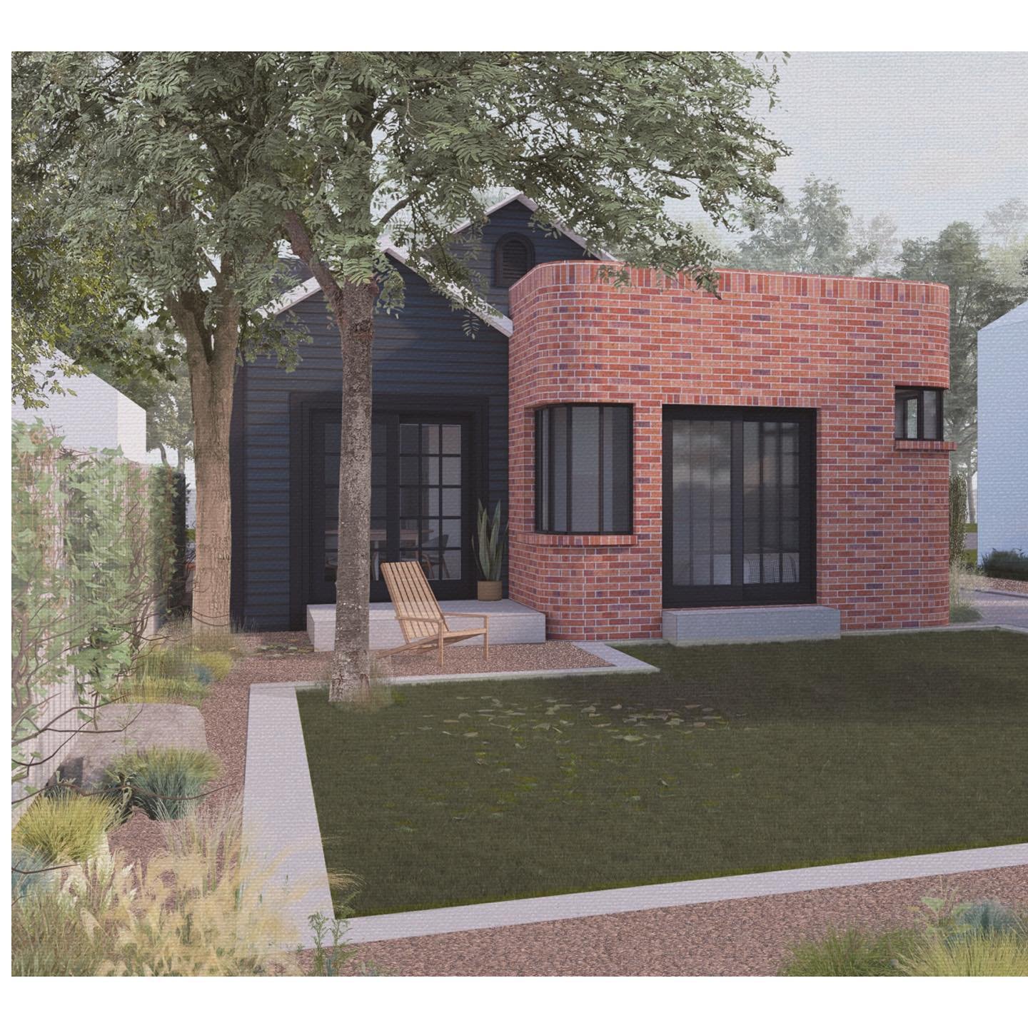This design is for an en-suite addition and detached screened porch. We rounded the brick corners to get a softer feel and open up the view from the dining room to the backyard.
