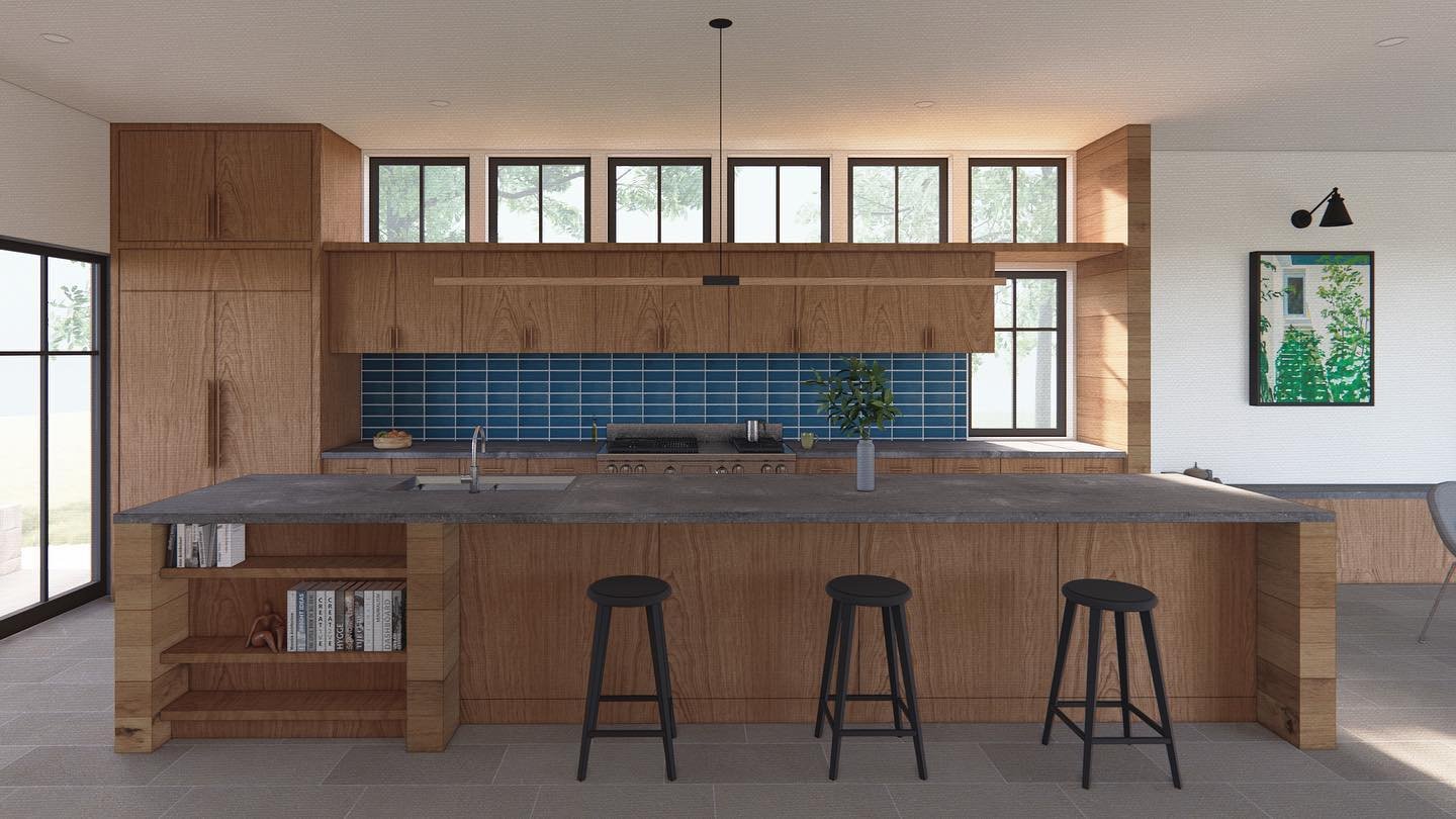 Love a warm, wood kitchen. This one is integral to the living space but tucked over to the side with access to a covered porch. Swipe for exterior.