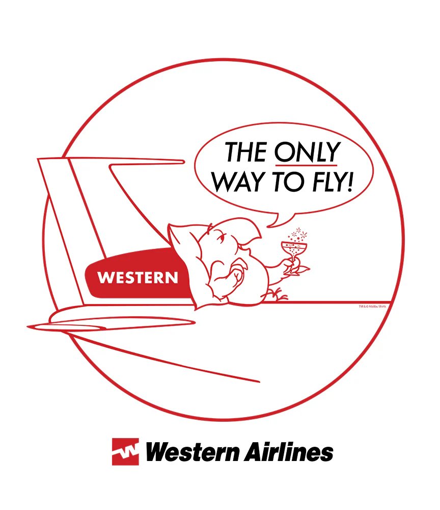 A cartoon elephant inside an airplane window, holding a drink and saying 'The only way to fly!' with a speech bubble. The airplane is branded with 'Western' and there is a Western Airlines logo at the bottom.