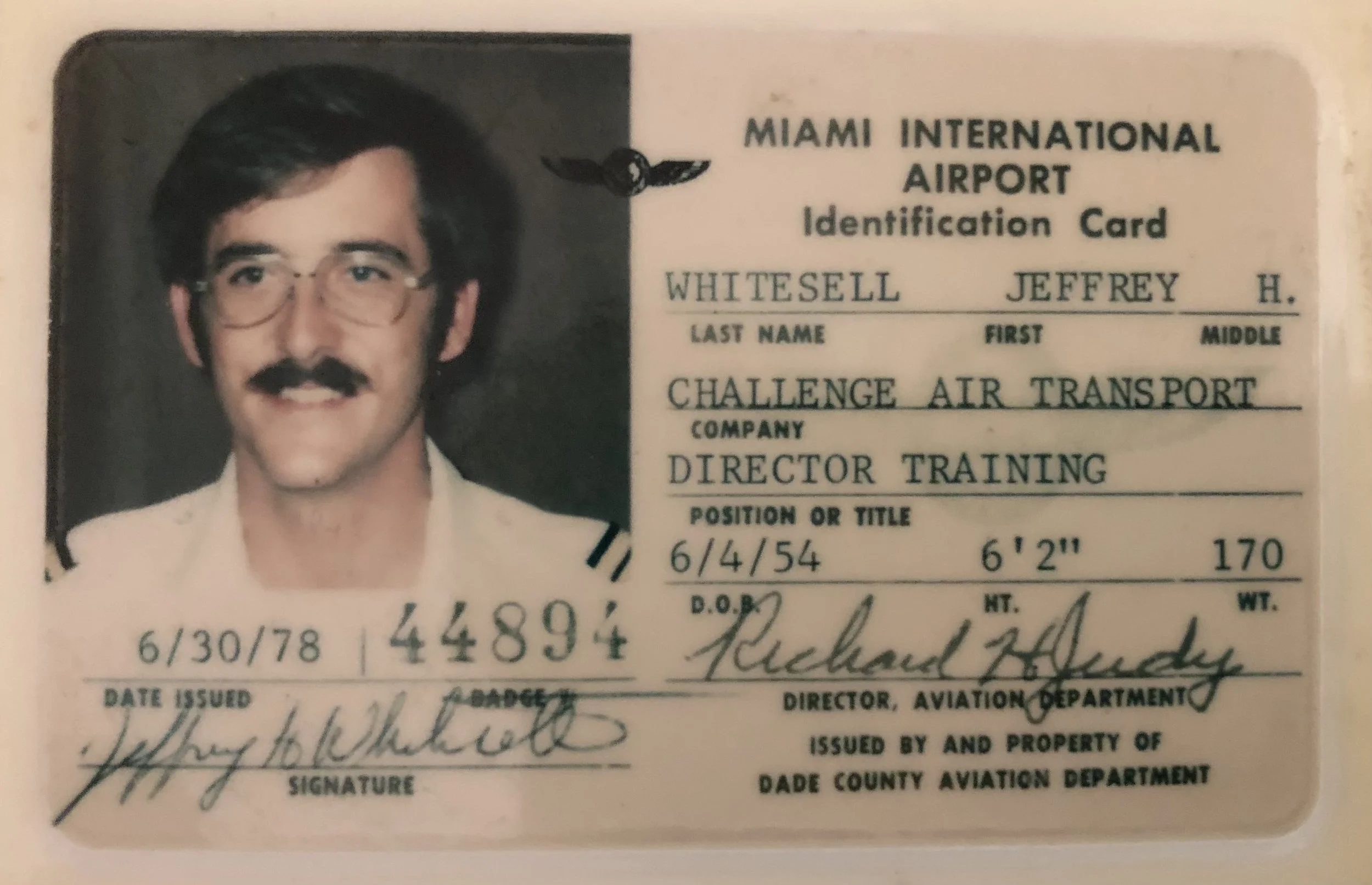 An identification card from Miami International Airport for Jeffrey H. Whitesell, issued on June 30, 1978