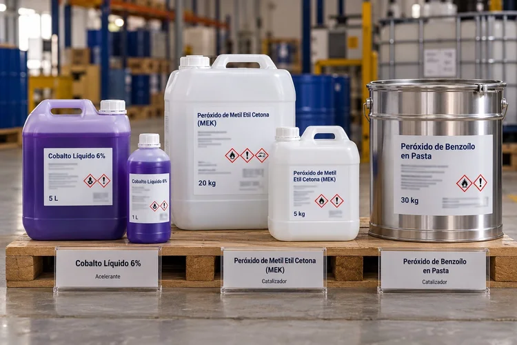 Peróxidos y cobalto en bidones, botellas y tarro