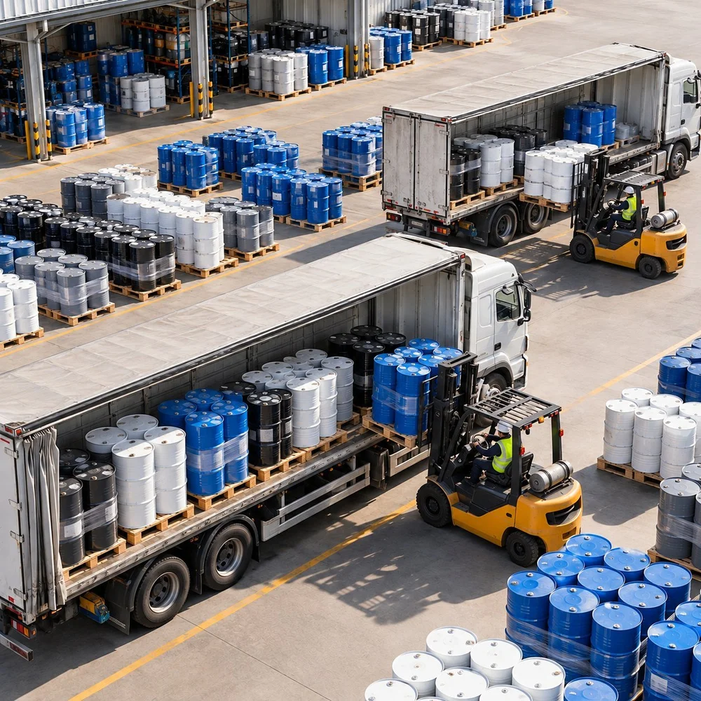 Carga de tambores y pallets en camiones desde la bodega