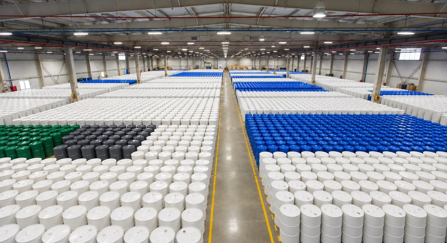 Bodega con tambores de resina y materias primas para fibra de vidrio en Chile