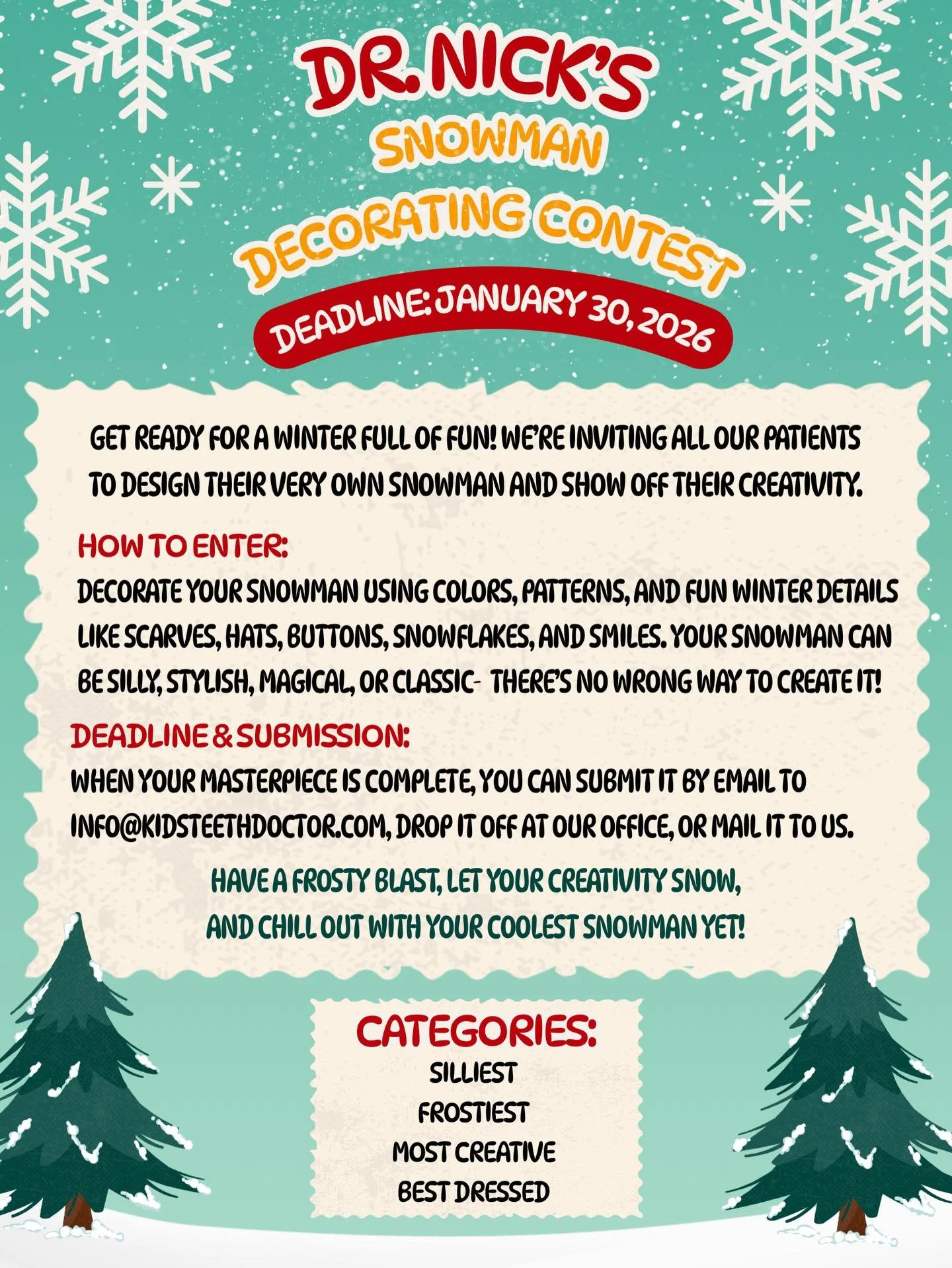 ❄️ Winter just got a whole lot cooler! ⛄️ Our Snowman Decorating Contest is here, and we can&rsquo;t wait to see your frosty creations come to life. From silly smiles to cozy scarves, let your imagination snowball and fill our office with winter chee