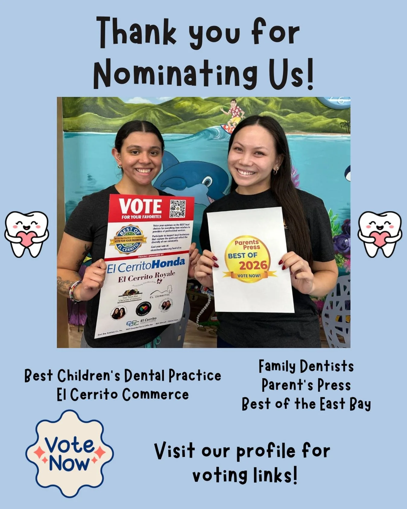 We&rsquo;re honored and excited to share that Children&rsquo;s Dentistry has been nominated for two community awards!
🏆 Best Children&rsquo;s Dental Practice &ndash; El Cerrito Chamber of Commerce
🏆 Family Dentist &ndash; Parents Press Best of the 