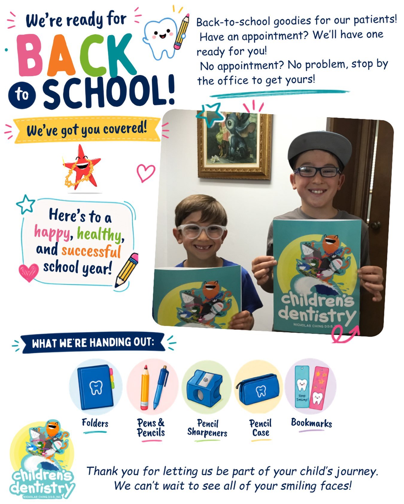 📚✏️ Back-to-school season is here!
To celebrate the start of a new school year, we have some fun back-to-school goodies for our patients! From folders and pencils to pencil cases, bookmarks, and more, we have a little something to make the start of 