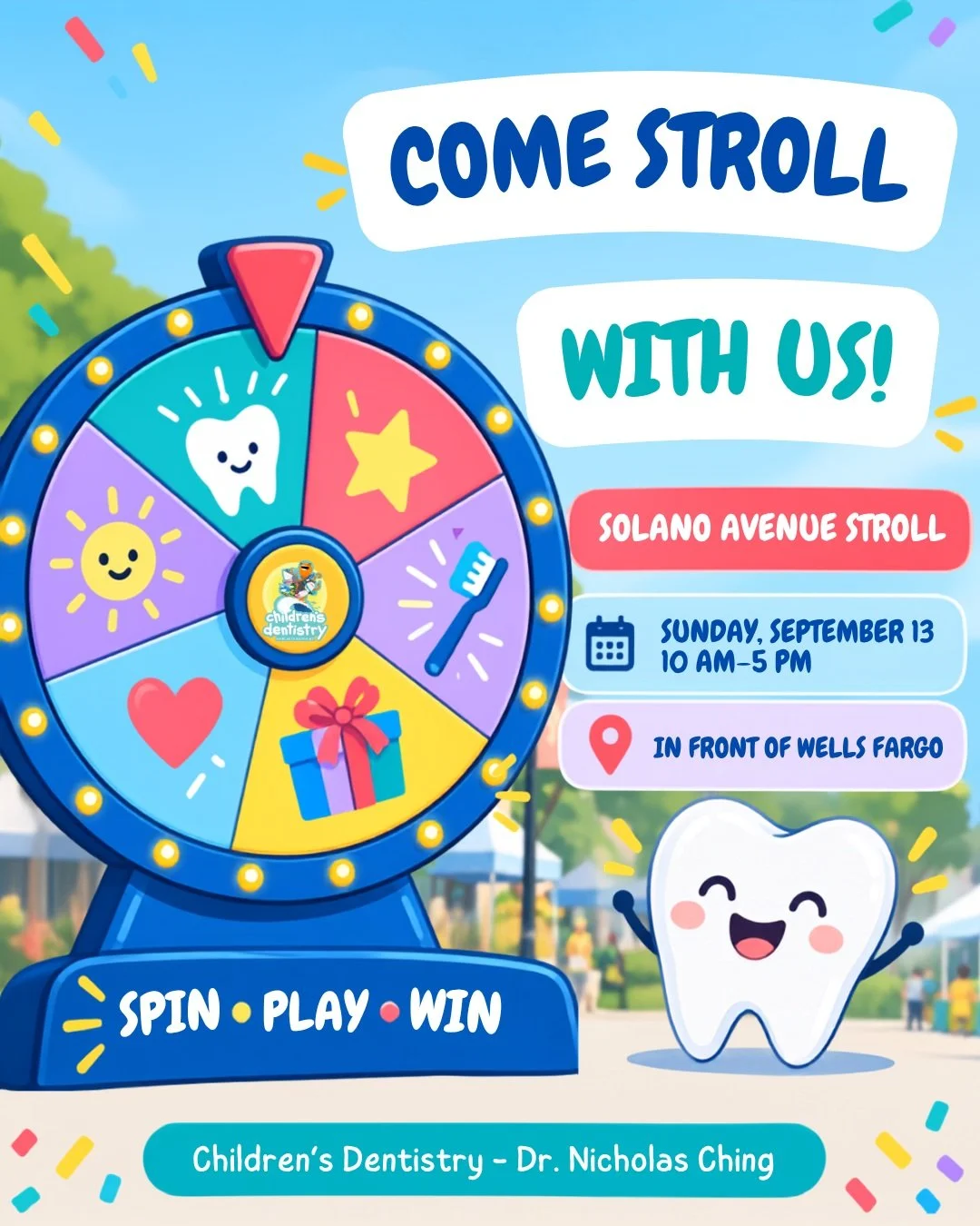 The Solano Avenue Stroll is this Sunday! 🎉☀️
Dr. Nick and the Children&rsquo;s Dentistry team are excited to spend the day with our community. Come find us in front of Wells Fargo, say hello, spin the wheel for a prize and pick up some fun goodies! 