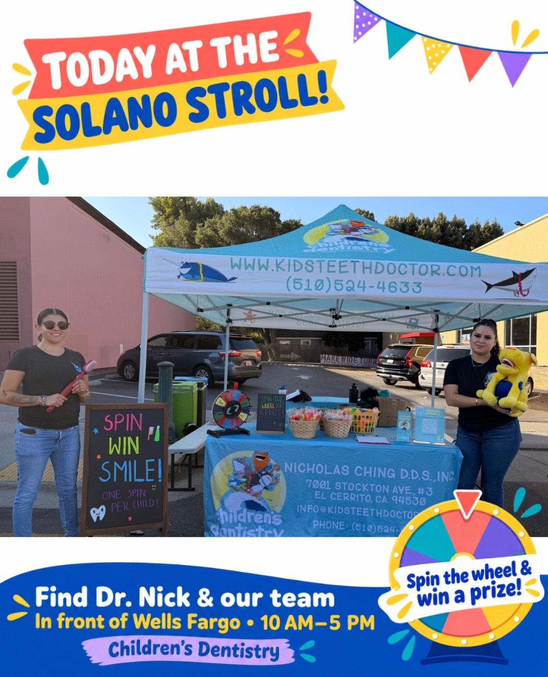 Today&rsquo;s the day! 🎉☀️
Dr. Nick and the Children&rsquo;s Dentistry team are at the Solano Avenue Stroll today from 10:00 AM to 5:00 PM! Stop by our booth in front of Wells Fargo to say hello, spin the wheel for a prize and pick up some fun goodi