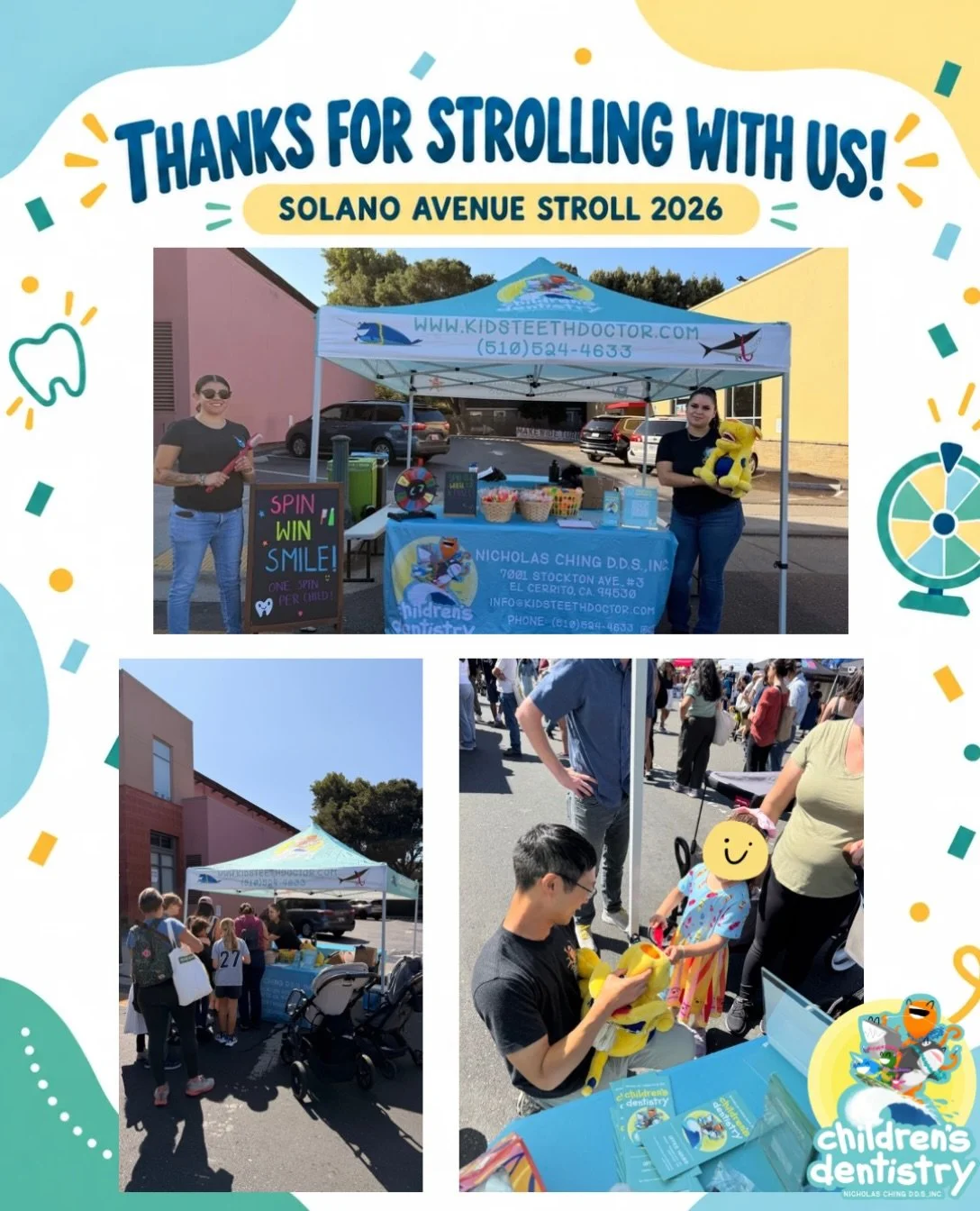Thank you to everyone who stopped by our booth at the Solano Avenue Stroll yesterday! 🎉
We had such a great time meeting new families, catching up with familiar faces and watching everyone spin the wheel for a prize. Dr. Nick and our team loved bein