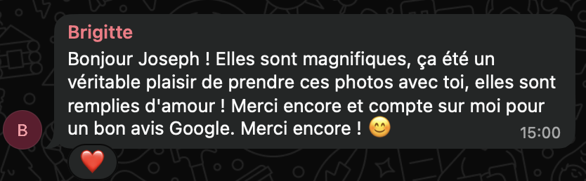 Capture d'écran d'une conversation de messagerie avec un message de Brigitte à Joseph exprimant sa gratitude, accompagné d'un emoji sourire et d'une étoile rouge et d'un cœur
