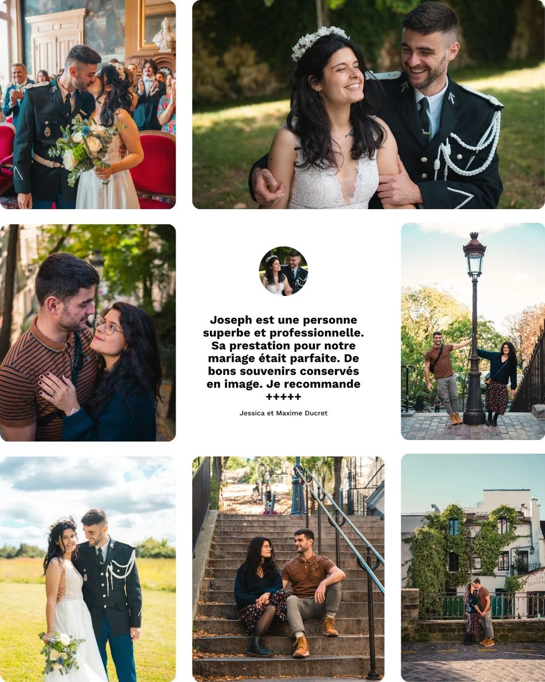 Célébration de mariage avec plusieurs photos de couples, un couple en uniforme militaire, un couple en promenade dans un parc, un couple assis sur des escaliers, et un couple devant une maison ancienne, avec un texte de recommandation en français.