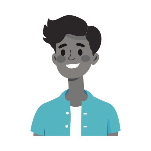 A cartoon illustration of a young man with dark hair, wearing a light blue shirt over a white t-shirt, smiling against a black background.
