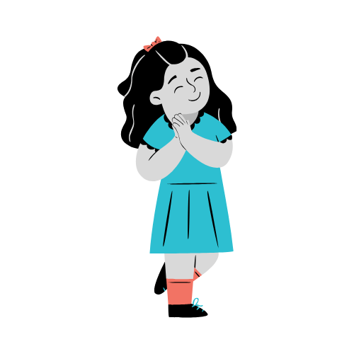 A girl with long hair, wearing a blue dress and a pink hair bow, is smiling with her eyes closed, holding her hands to her cheeks, standing on one leg.