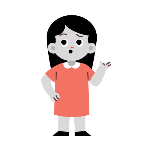 Cartoon girl with black hair, wearing a red dress with a white collar, standing with one hand on her hip and the other raised as if explaining something.