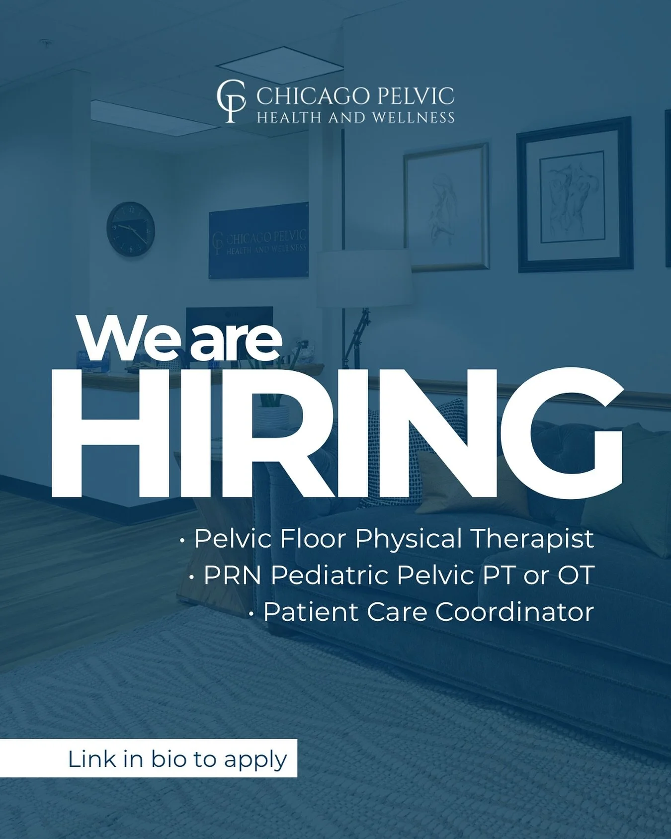 ✨ Chicago Pelvic Health &amp; Wellness is hiring!

We&rsquo;re looking for:
👩&zwj;⚕️ Pelvic Floor Physical Therapists
🧸 Pediatric Pelvic PTs/OTs (PRN)
💼 Patient Care Coordinator 

Why join our team?
✔️ 1:1, hour-long care, no rushed visits!
✔️ Boa