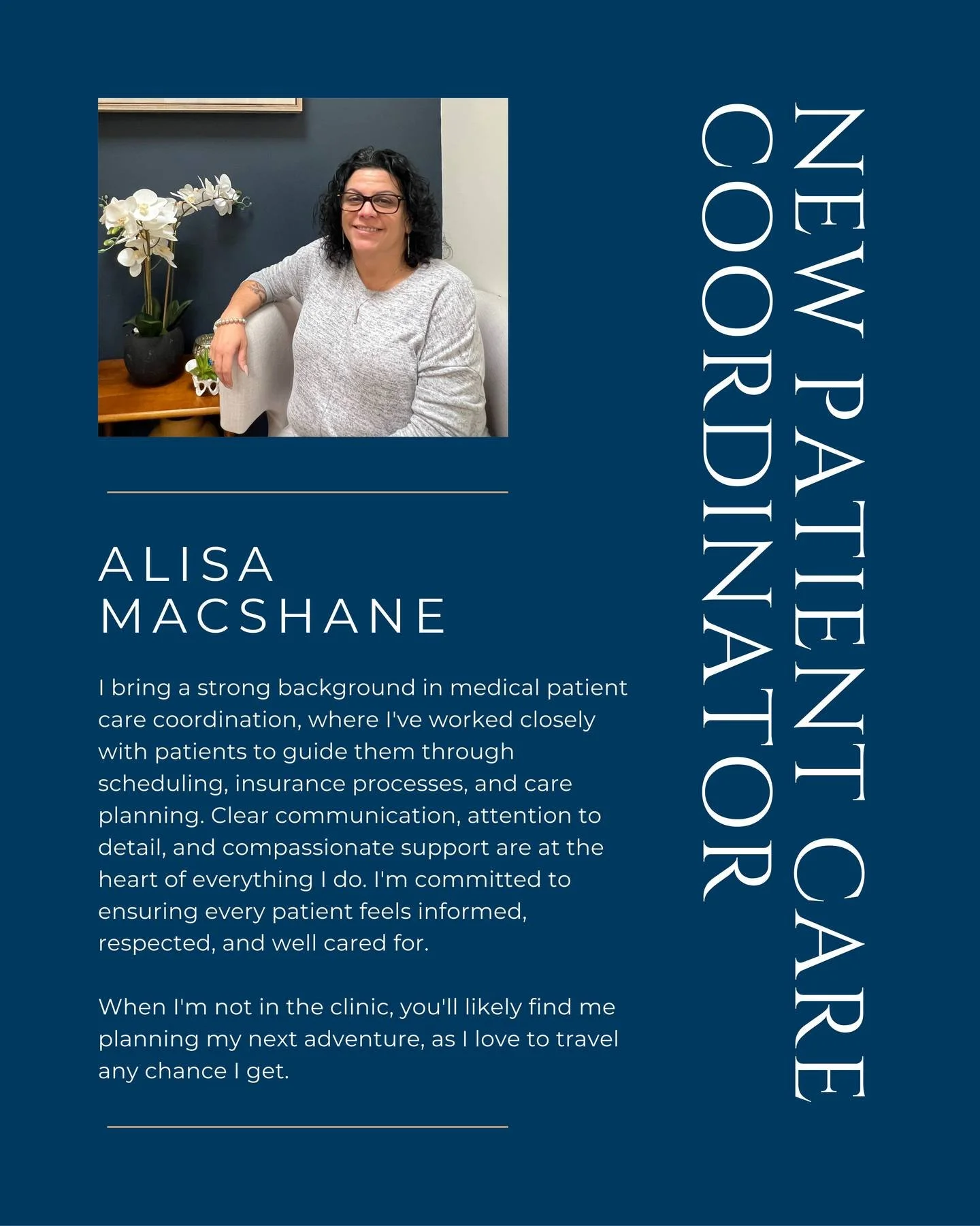 Meet our newest team member! 

Alisa joins us with a strong background in medical patient care coordination. She's committed to making sure every patient feels informed, respected, and well cared for from your very first call to every appointment. Wh