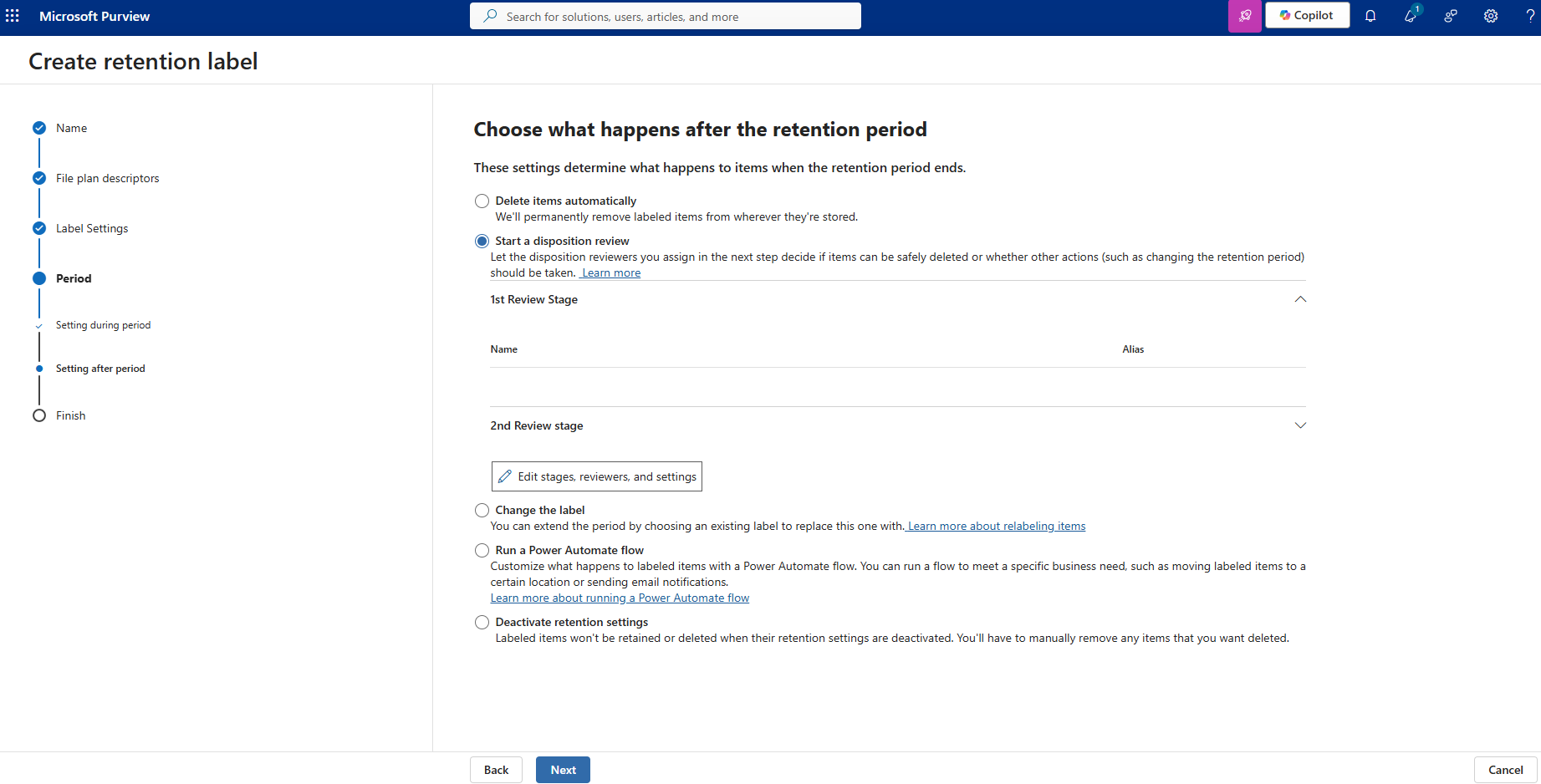 Disposition review settings in Purview