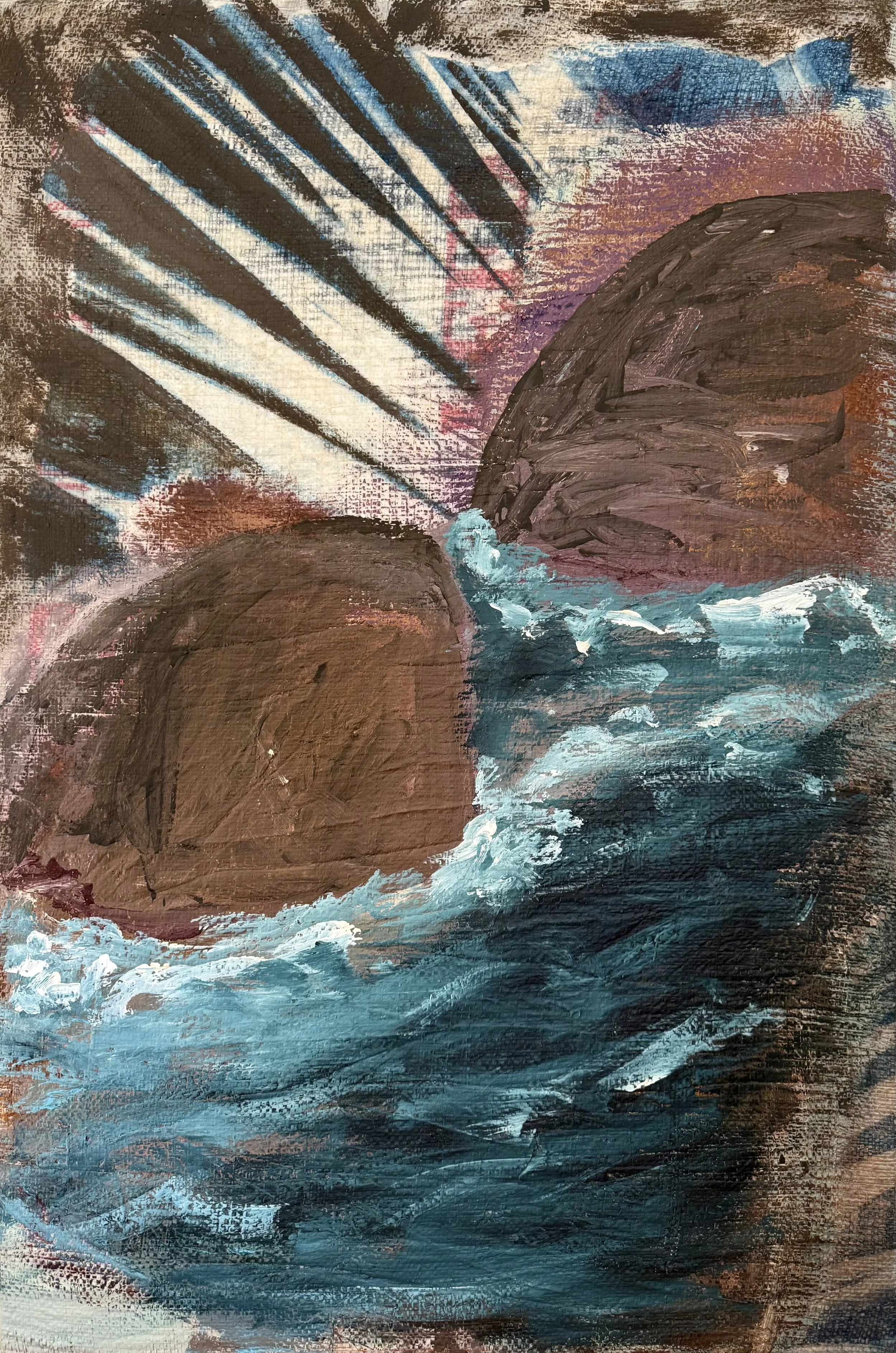Rays
24" x 36"
acrylic + cyanotype on feed bag stretched over canvas 