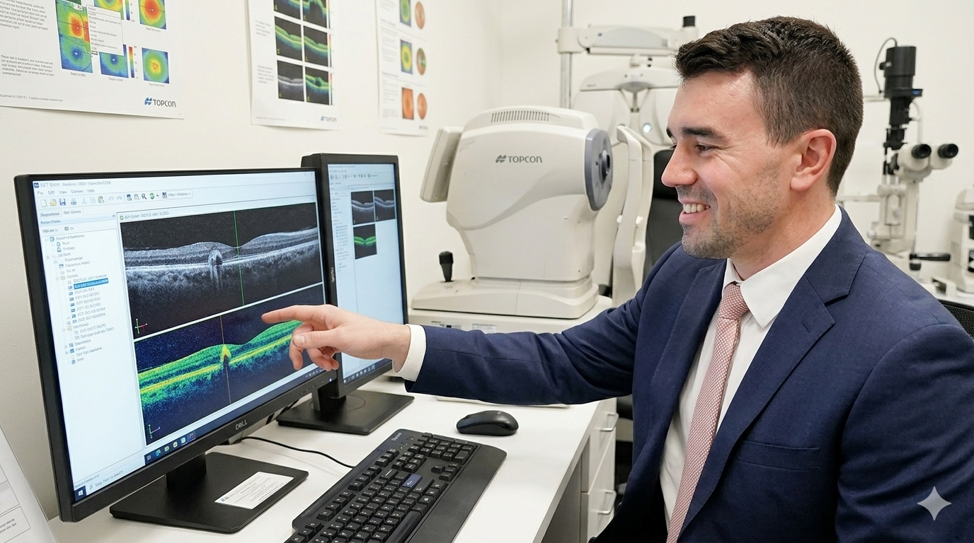 Dr Tyler Dowdall reviewing OCT results and smiling while wearing a navy suit