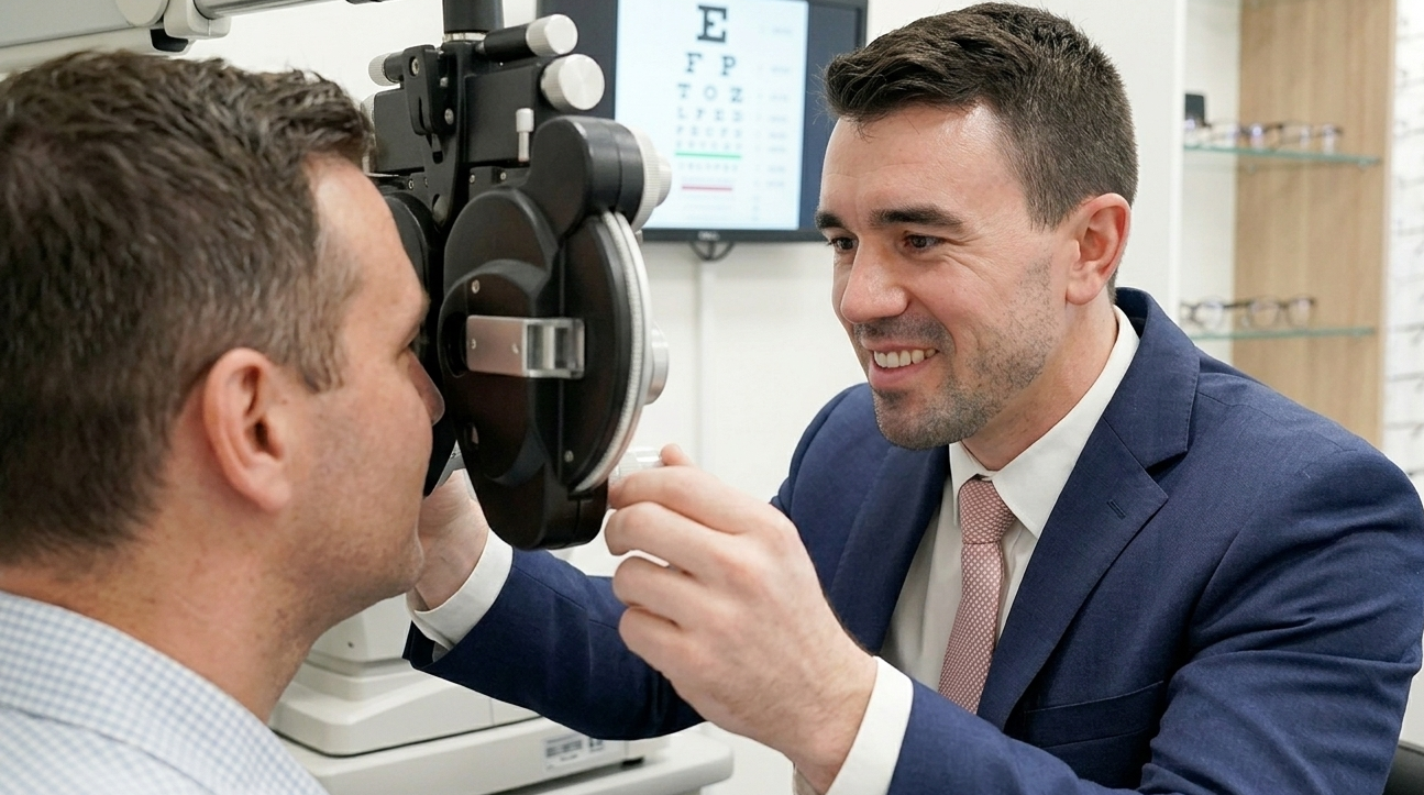 Dr Tyler Dowdall doing a refraction on a patient while smiling and wearing a navy suit