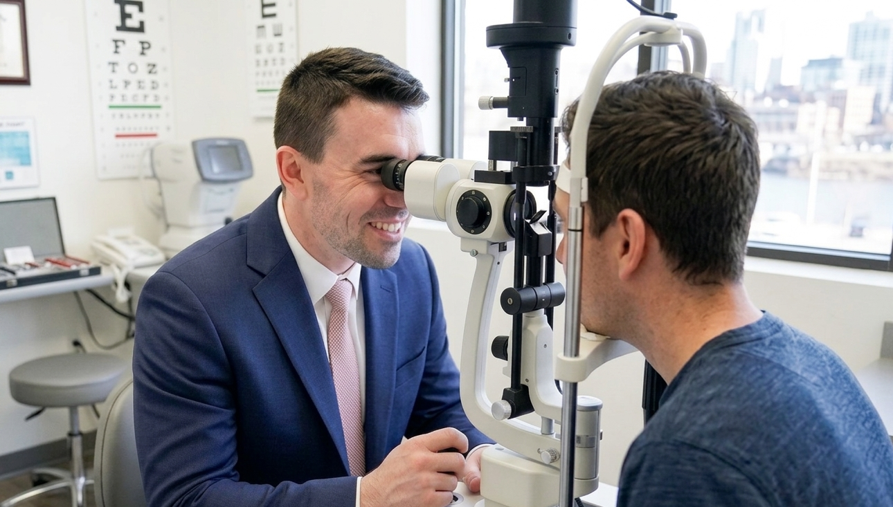 Dr Tyler Dowdall looking into a slit lamp at a patient cornea, he is in a navy suit and smiling