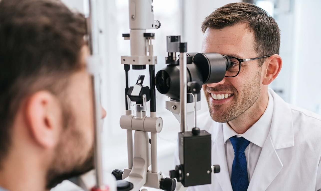 Dr Robert Sunderman looking through a slit lamp at a patient cornea, he is smiling and wearing a white lab coat
