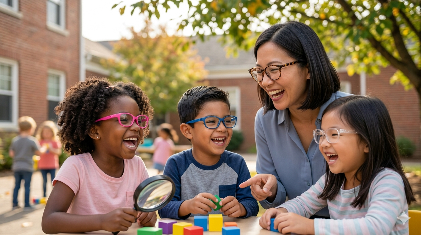 A teacher playing with kids, all wearing glasses, the kids have colored blocks they appear to be building with. 