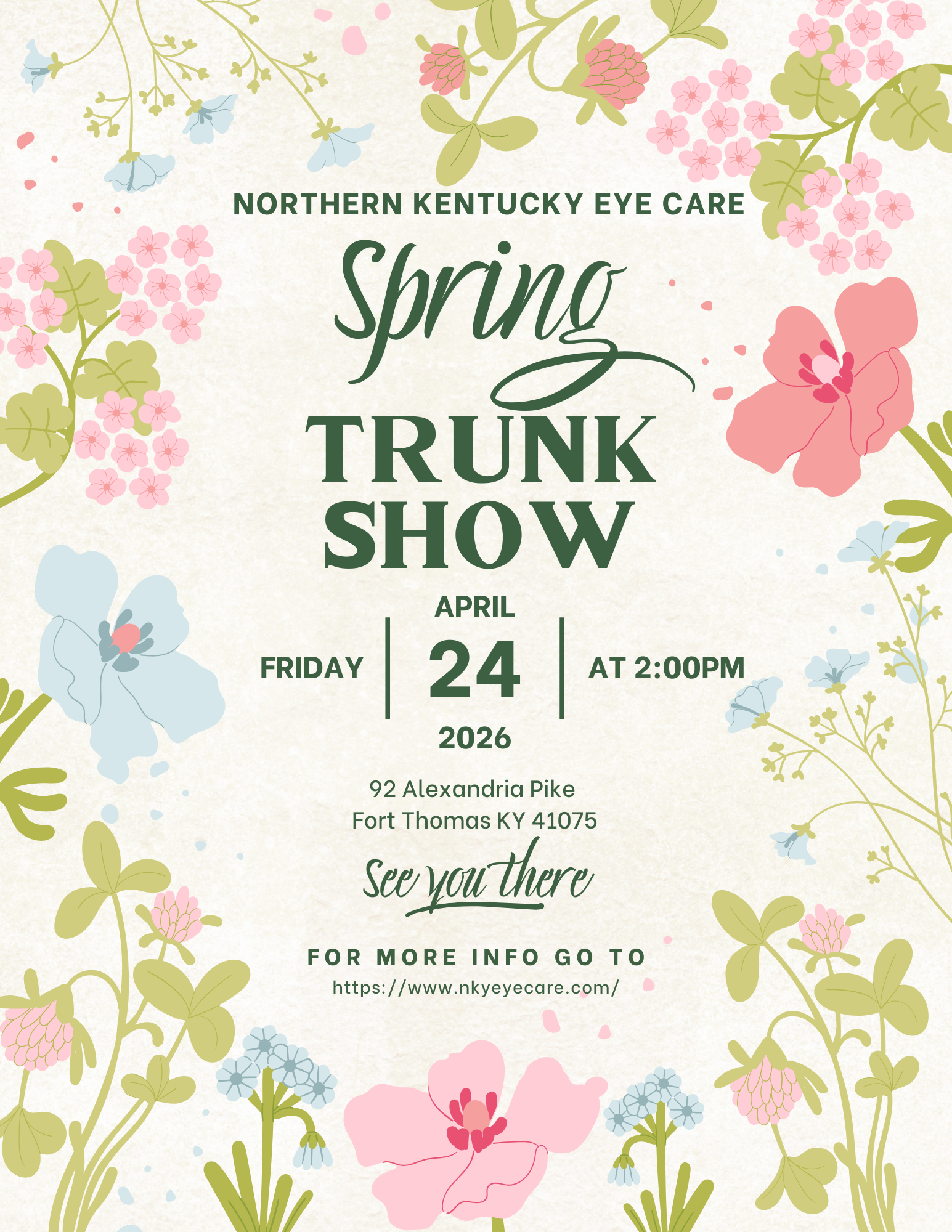 Spring themed flyer with florals, advertising northern kentucky eye cares 2026 spring trunk show. Glasses will be on sale, buy one get one 50% off
