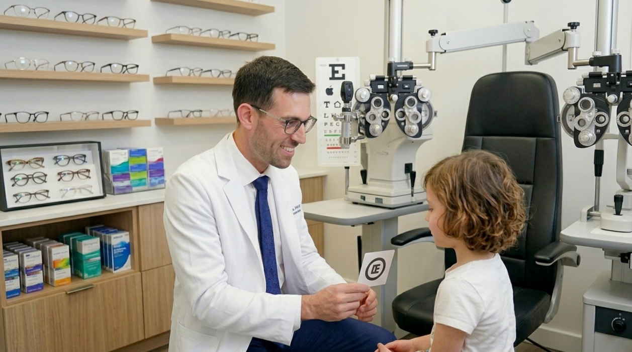 Dr Robert Sunderman working with a pediatric patient doing a vision evaluation, he is in a white lab coat