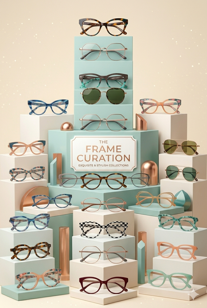 A nice light blue display with multiple stylish glasses frames. The frames vary in material, size, and color, giving a wide variety of options.