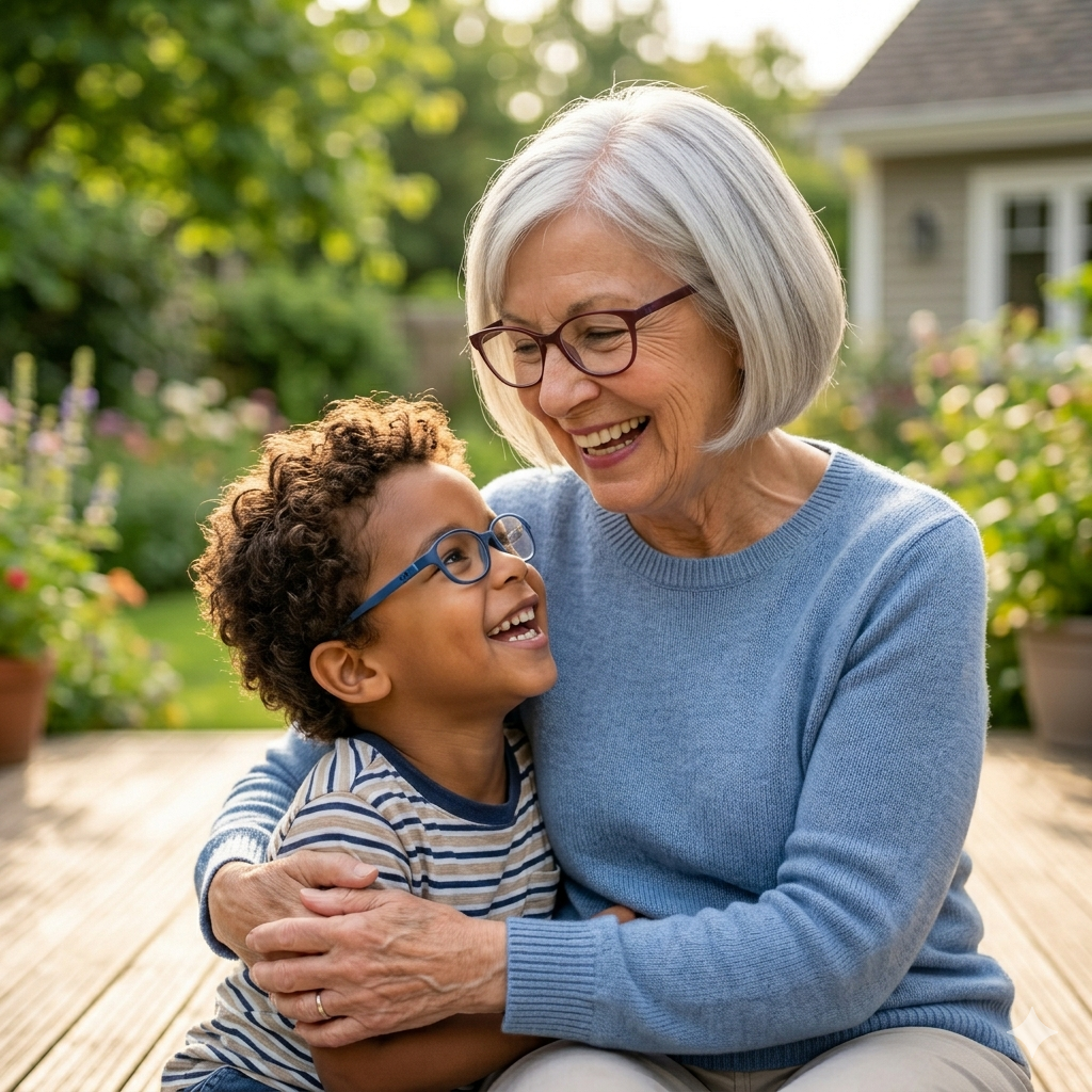 Elderly grandmother wearing glasses and has short grey hair, hugging her grandson who is also laughing and wearing bright blue frames. 