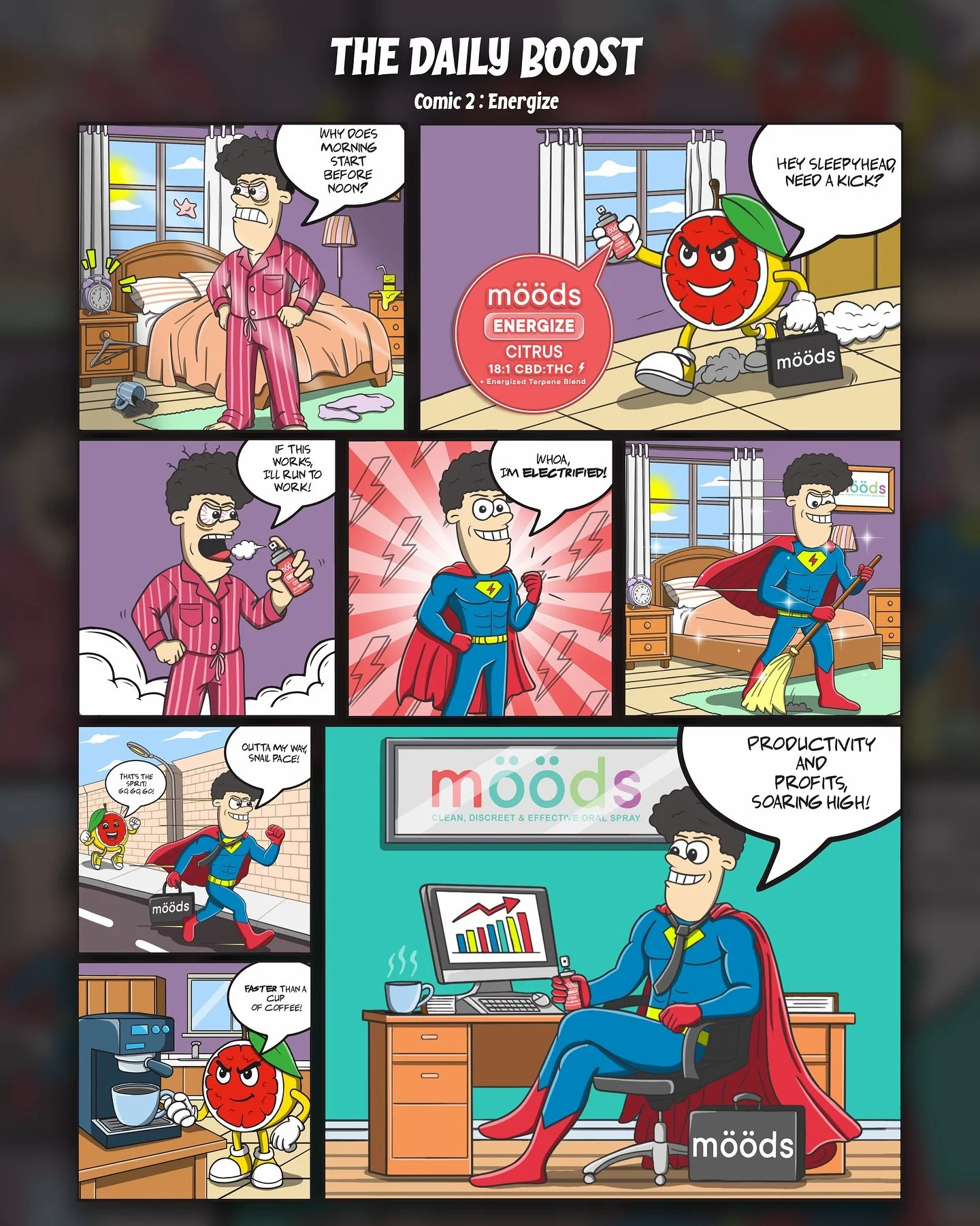 HOT OFF THE PRESS 🗞️
The Daily Boost &mdash; Comic 2: Energize⚡️

Today&rsquo;s adventure: one groggy guy, one citrus sidekick, and a showdown with the snooze button. Spoiler alert&hellip; productivity soars to superhero levels 🚀💼📈😂

#m&ouml;&ou