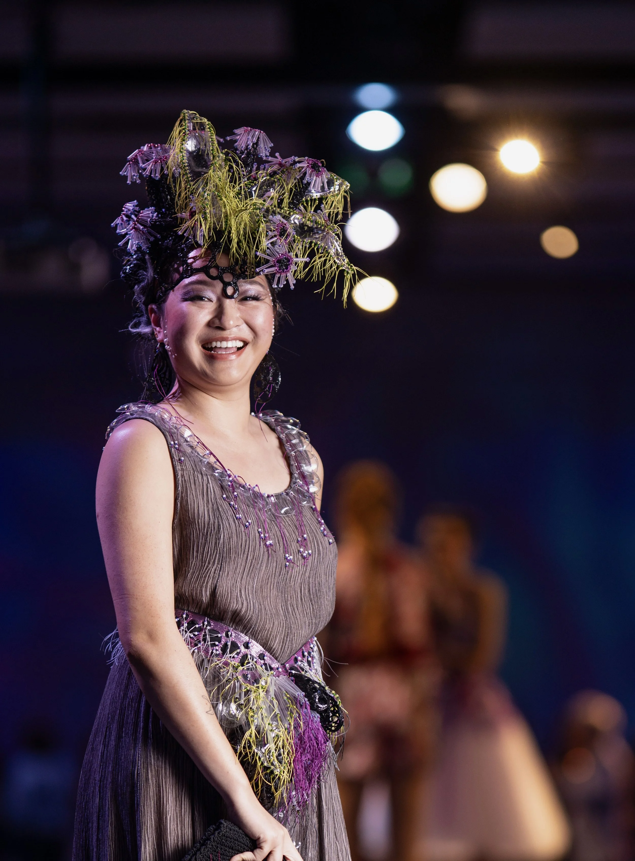 "Fortuny style dress with Black Tunicate"
photo credit Kelly Hofer
worn by Shelby Chong 
Awaken New Depths - Future Oceans International's sustainable fashion event 2024
The Fortuny Style Dress w Black Tunicate is a specific nod to our east coast mar