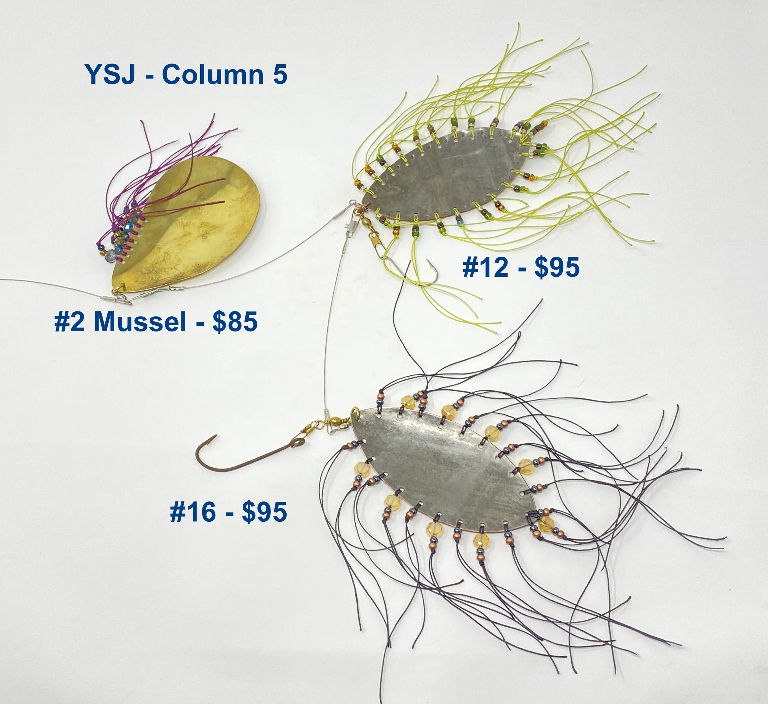 Column 5
#2 Mussel shell - brass, 7 irridescent faceted
beads, gold & dk blue seed beads, magenta
threads
$85.00
#12 - tinned copper, waves, amber/green seed
beads, lemongrass threads
$95.00
#16 - tinned copper, alternating clear copper
faceted beads