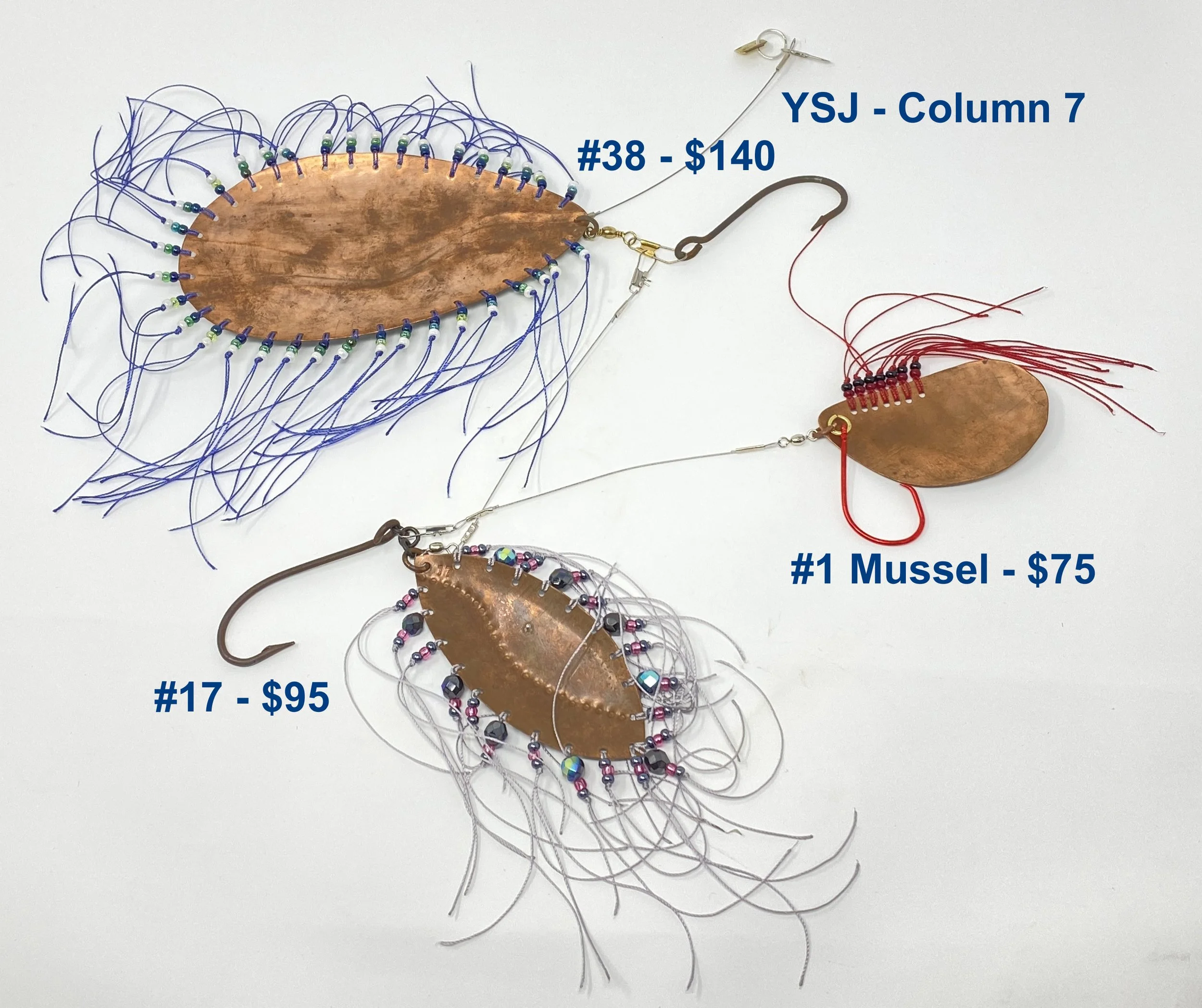 Column 7
#38 - tinned copper, waves, dk blue, clear green,
pearl seed beads, hyacinth threads, steel hook
$140.00
#17 - tinned copper, bumps, dark purple blue
faceted beads, hot pink seed beads, steel grey
threads, steel hook
$95.00
#1 mussel shell -