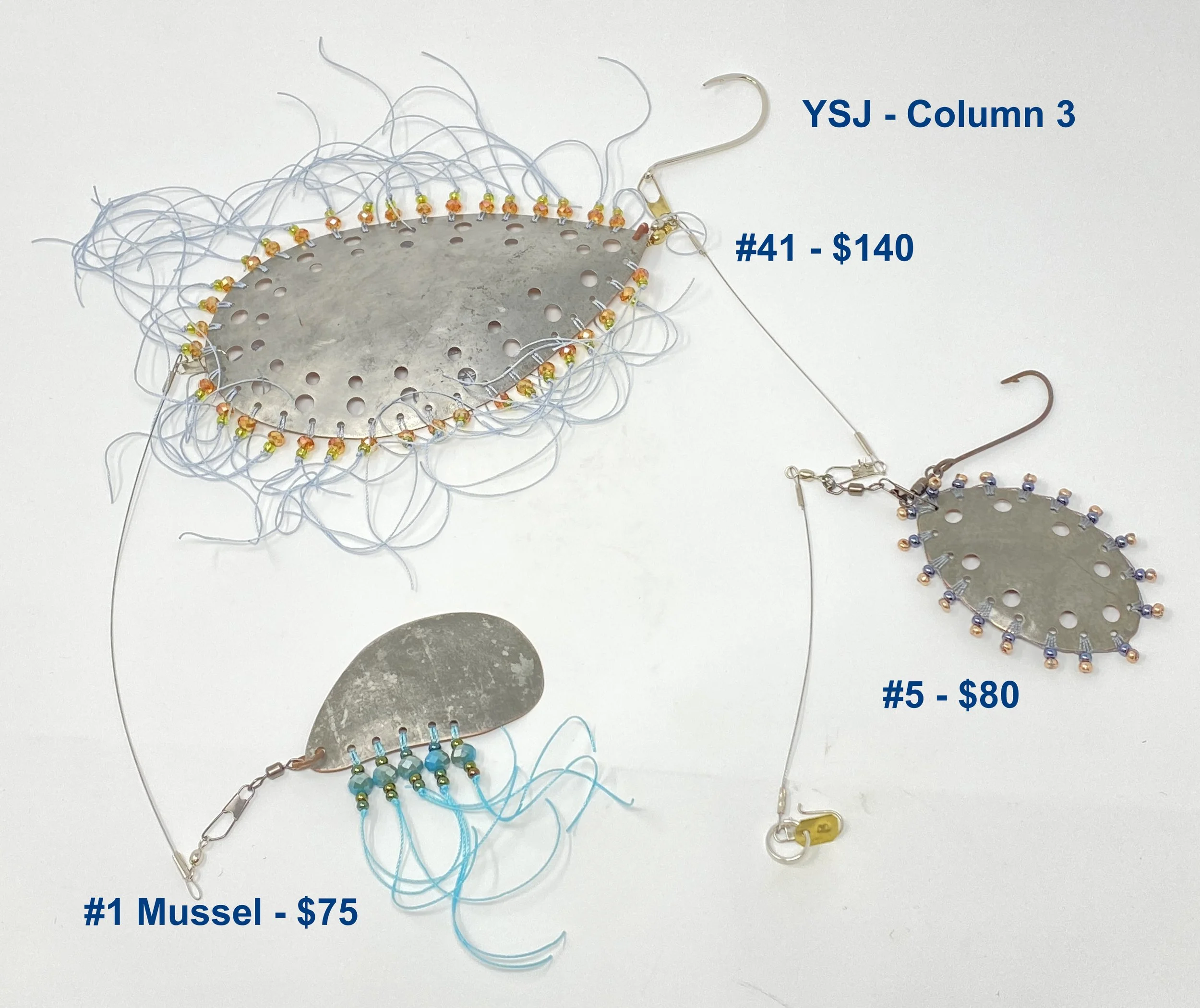 Column 3
#5 - tinned copper, tiny beads
$80.00
#41 - tinned copper, amber faceted beads, green
seed beads, steel blue threads
$140.00
#1 Mussel shell - turquoise threads, 5 turquoise
faceted beads
$75.00
