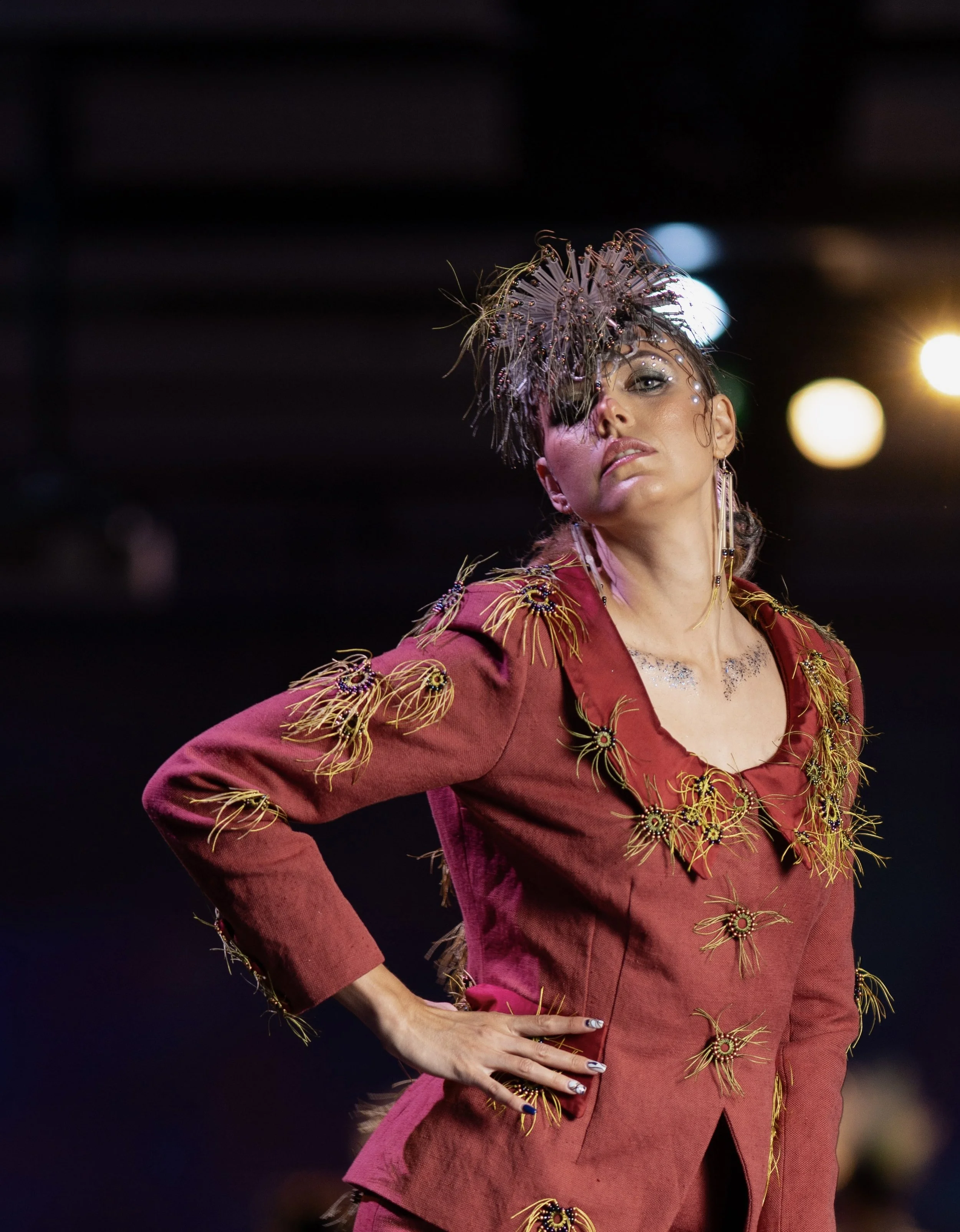 "Vintage 40's Suit w Invasive Creatures"
photo credit Kelly Hofer
worn by Anna Kondretska
Awaken New Depths - Future Oceans International's sustainable fashion event 2024
Then through to the nuclear era and the movement of women into the workforce. 
