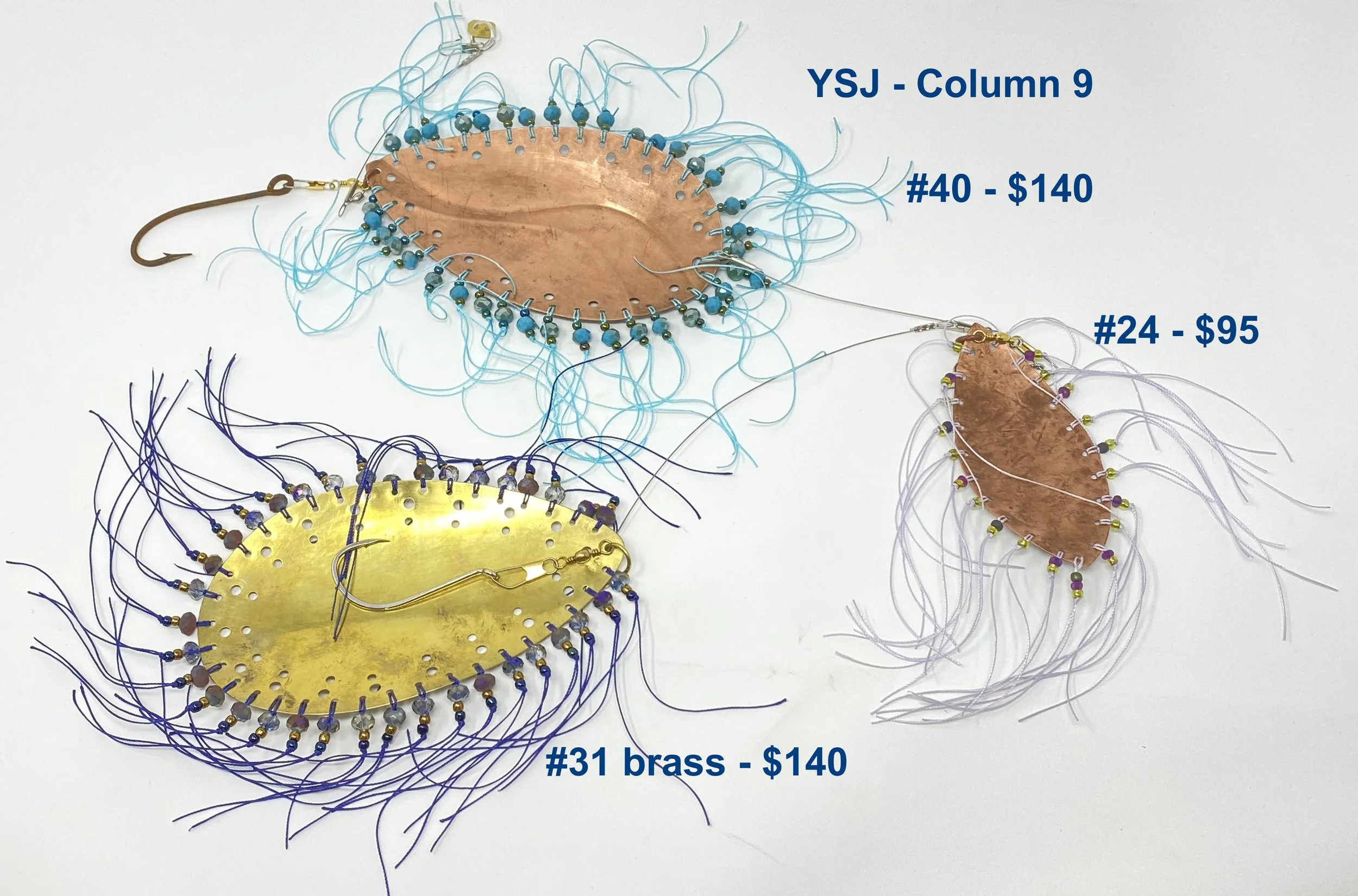 Column 9
#40 - tinned copper, waves, turquoise faceted
beads, turquoise threads, steel hook
$140.00
#24 - textured, tinned copper, mauve & yellow
seed beads, pale pink threads
$95.00
#31 - brass, purple faceted beads, old gold &
purple blue seed bead