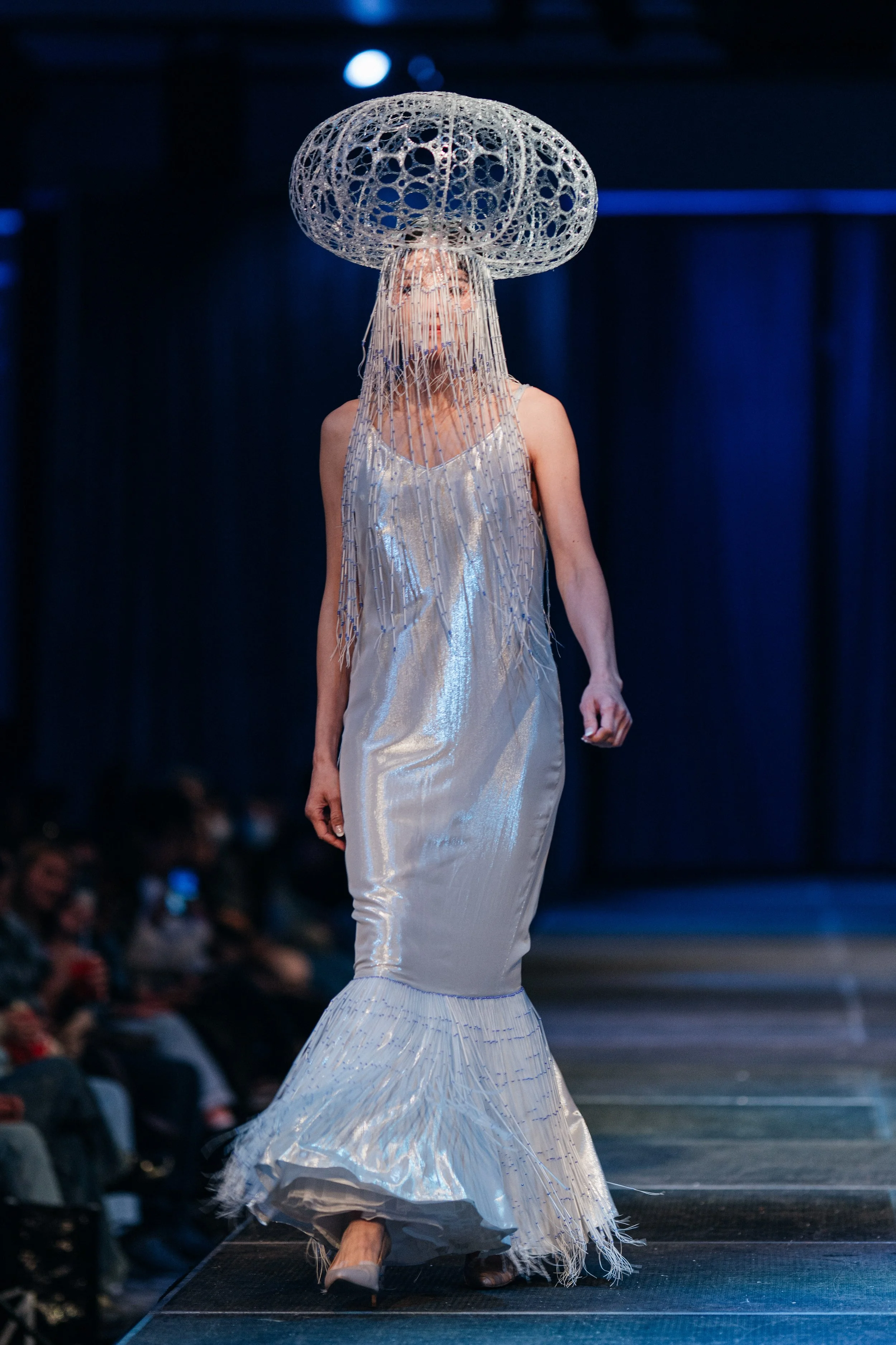 "Sea Urchin Fringe"
photo credit Kelly Hofer
worn by Pauline Yee 
Awaken New Depths - Future Oceans International's sustainable fashion event 2024
The 20th century saw the horrors of the first world war alongside the race toward modern conveniences. 